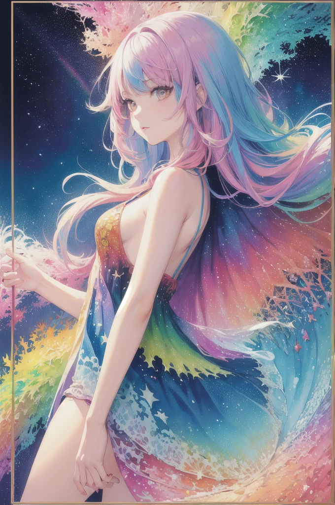 (masterpiece, top quality, best quality,watercolor (medium),official art, beautiful and aesthetic:1.2),(1girl:1.3), (fractal art:1.3),upper body, from side, looking at viewer,patterns,(rainbow color Hair,colorful hair,half blue and half pink hair:1.2),water,liquid, cloud,colorful, starry,stars,