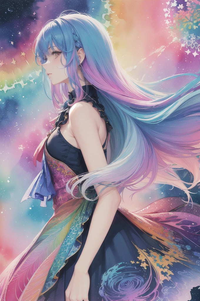 (masterpiece, top quality, best quality,watercolor (medium),official art, beautiful and aesthetic:1.2),(1girl:1.3), (fractal art:1.3),upper body, from side, looking at viewer,patterns,(rainbow color Hair,colorful hair,half blue and half pink hair:1.2),water,liquid, cloud,colorful, starry,stars,