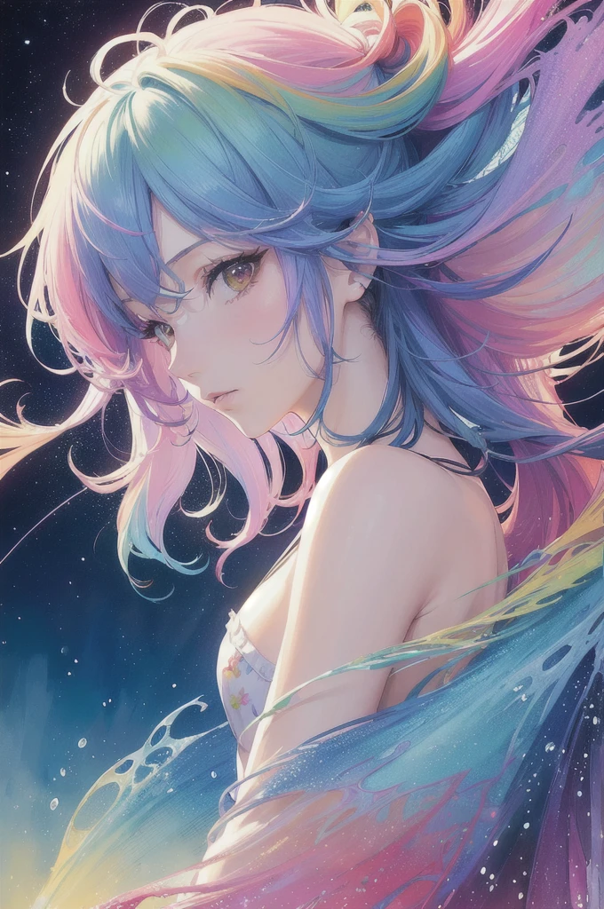 (masterpiece, top quality, best quality,watercolor (medium),official art, beautiful and aesthetic:1.2),(1girl:1.3), (fractal art:1.3),upper body, from side, looking at viewer,patterns,(rainbow color Hair,colorful hair,half blue and half pink hair:1.2),water,liquid, cloud,colorful, starry,stars,