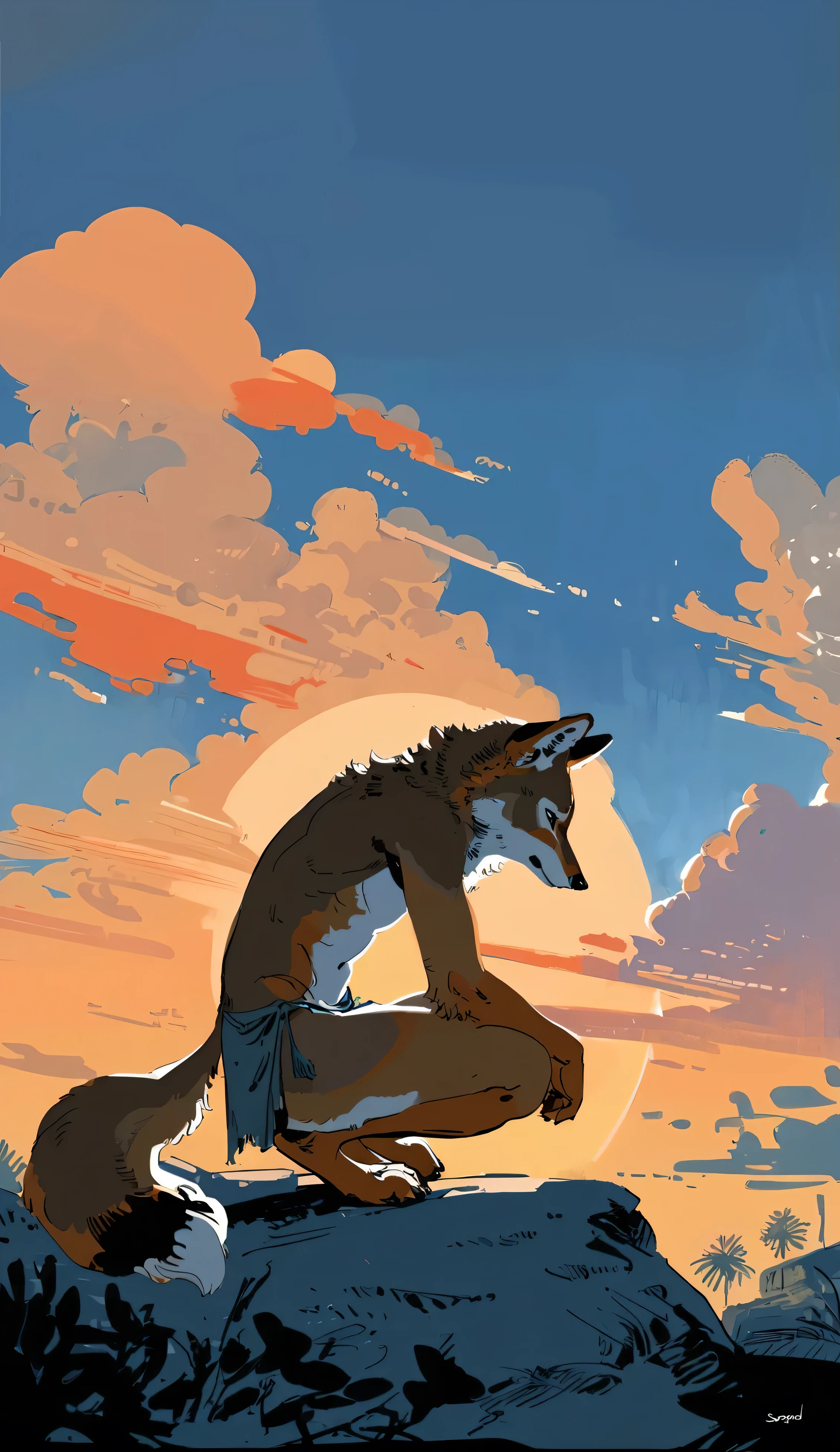 by seyorrol, digital artwork, (flat colors:1.2), ((detailed background)), intricate detailed background, powerful silhouette, mysterious shadows, realistic shading, (epic, masterpiece, high quality, 8k, ultra HD, absurd res, top quality, best quality, max quality, masterpiece), reaching out, looking upward, chin up, dusk,