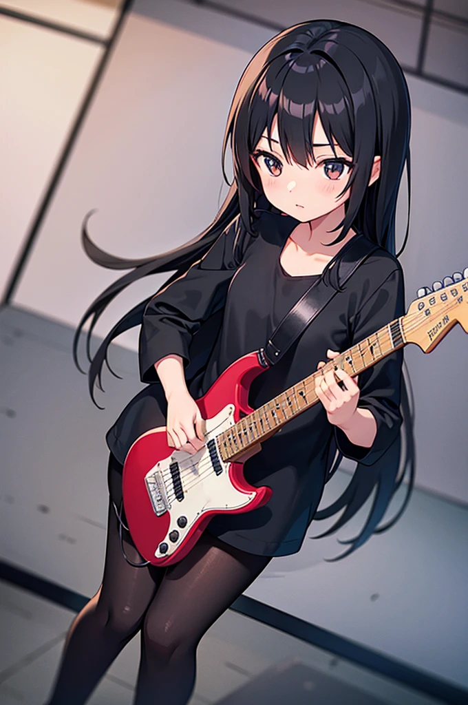 Playing Black Guitar, 1 Girl , anime, Long black straight hair, Steps