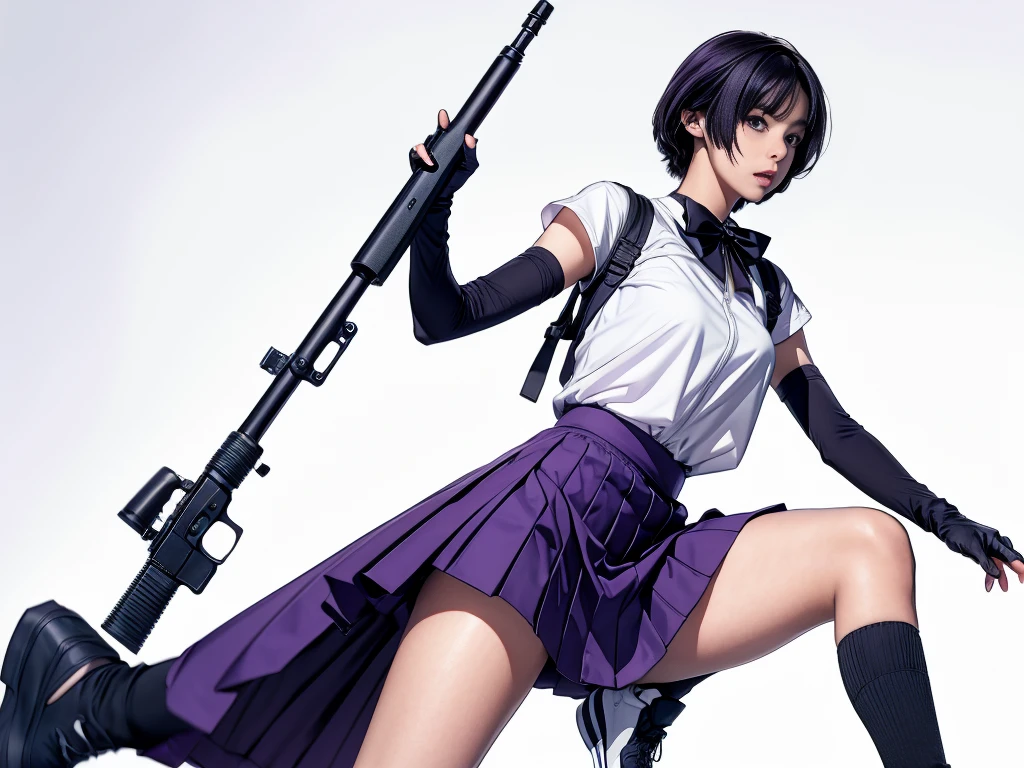 Elaizaikedareal, 1girl, solo, short hair, skirt, shirt, gloves, white background, bow, holding, , purple eyes, white shirt, weapon, purple hair, pleated skirt, shoes, black gloves, socks, bowtie, holding weapon, gun, sneakers, holding gun, armband, rifle, grey skirt, headset, assault rifle, grey gloves, load bearing vest