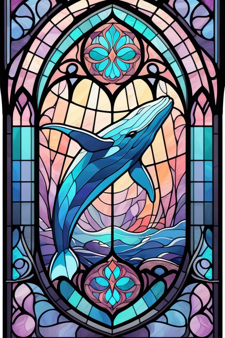 2D Stained Glass soft,pastel colors,whale in window frame. dungeons and dragons art. symmetrical design, in the style of stained glass. Digital stained glass style. pastel color scheme