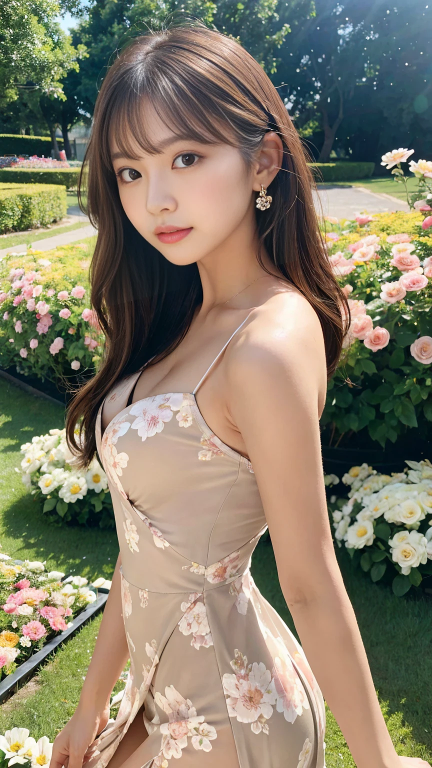 masterpiece,Highest quality,Photorealistic,Ultra high definition,Ultra-high resolution,Detailed Images,Full body of a cute girl standing in a park with lots of flowers,A revealing, sexy mini dress,Dress with side slit,Tube top dress,Exposed shoulders,Bare shoulders,Perfect proportions,Small waist,Perfect body,Upturned hips,double eyelid,Long eyelashes,Detailed eyes,Half Up Hair,Light Brown Hair,Look here,Long legs,Sexy pose