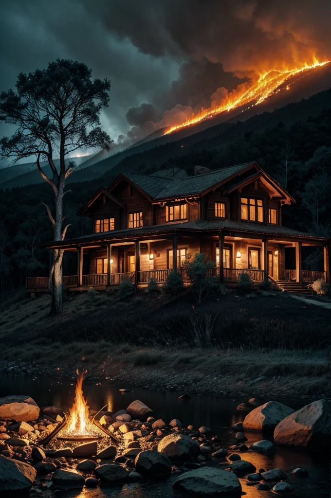 A horror house in forest,mountain,river,fire stick,a dry tree,lalten,black cluody sky,flame passing on top,