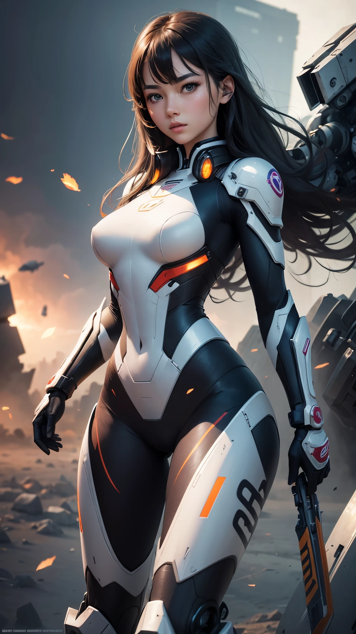 (Perfect Anatomy:1.4,Highest quality、超High resolution、High resolution、Highly detailed CG、8K Unit Wallpaper),((Biologically correct limb count))、(Symmetrical facial features))、Eyes with detailed description、Beautiful woman、Excellent style、(thin)、Facial detailing,masterpiece、Vibrant, Imaginary image of a girl in a mecha suit, (Fly gracefully across the battlefield of the future). The girl is full of energy, Bright colors contrast with muted hues, The mechanical beauty of the suit. The suit's vibrant colors and intricate details、Sophisticated, Mecha futuristic design.