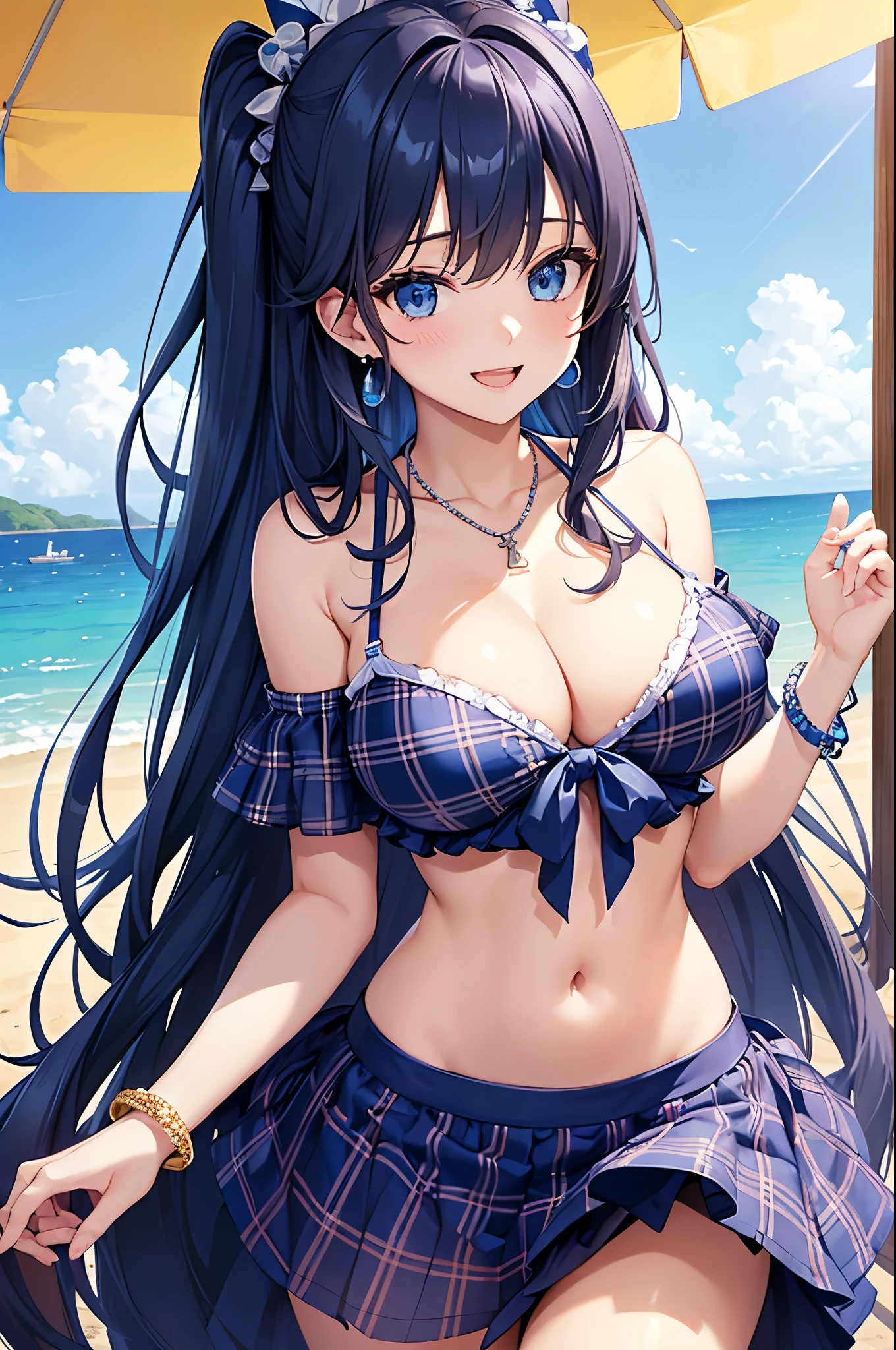 Highest quality、Highest quality、masterpiece、(8K),Beauty(Age 25)、Navy blue long hair、blue eyes、Sexy Bikini(Plaid)、Big cleavage、(Big Breasts)、smile、blue necklace、Blue Earrings、background(Beach)、Please open your mouth wide、White headband、bracelet、Dynamic pose