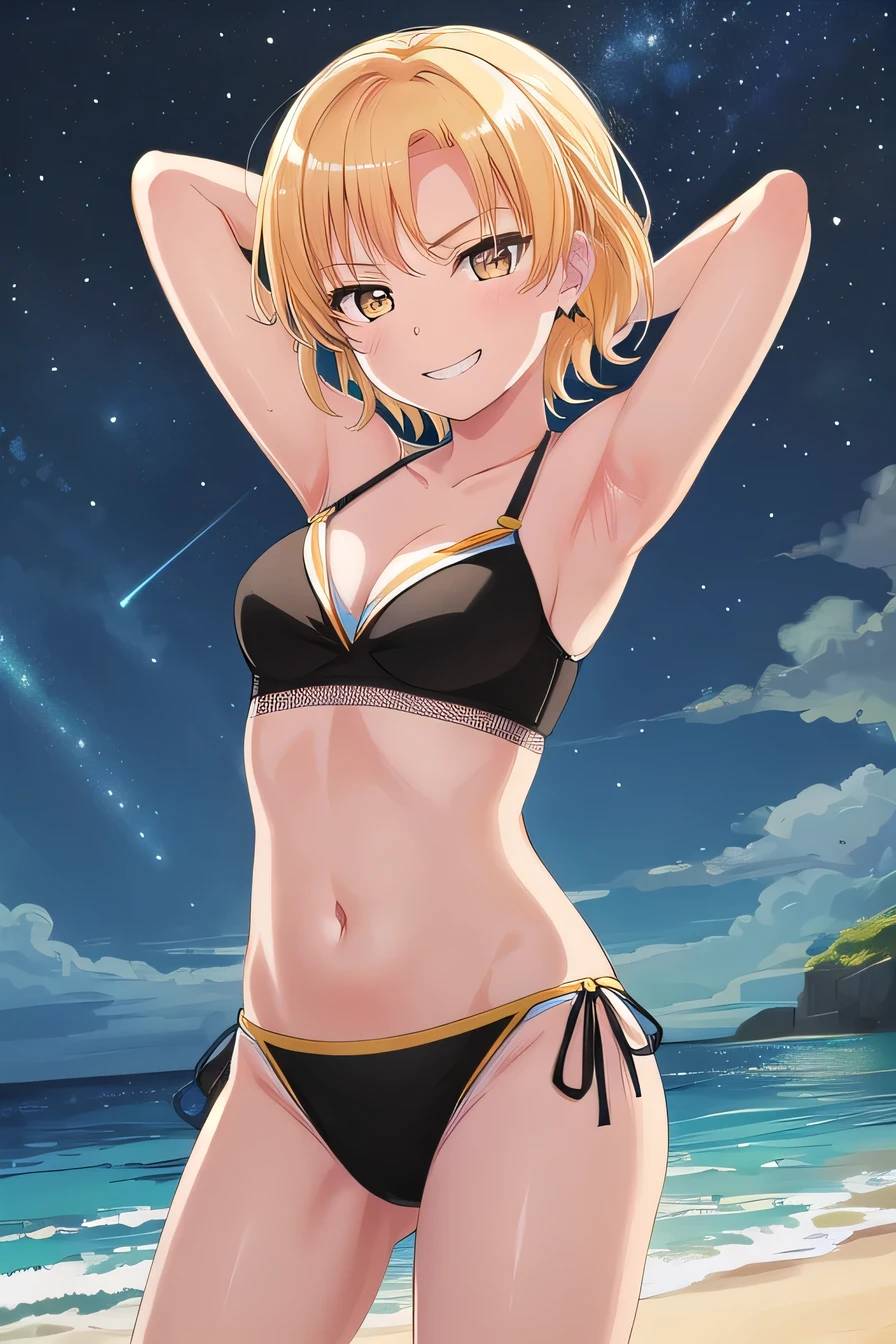 MASKING, 1girl, solo, looking at viewer, smile, short hair, blonde hair, brown eyes, yellow eyes, black bikini, high quality, solo, night sky, beach, arms behind head, contrapposto, closed mouth, spread armpits, (cowboy shot:1.5), looking at viewer, grin, best quality,