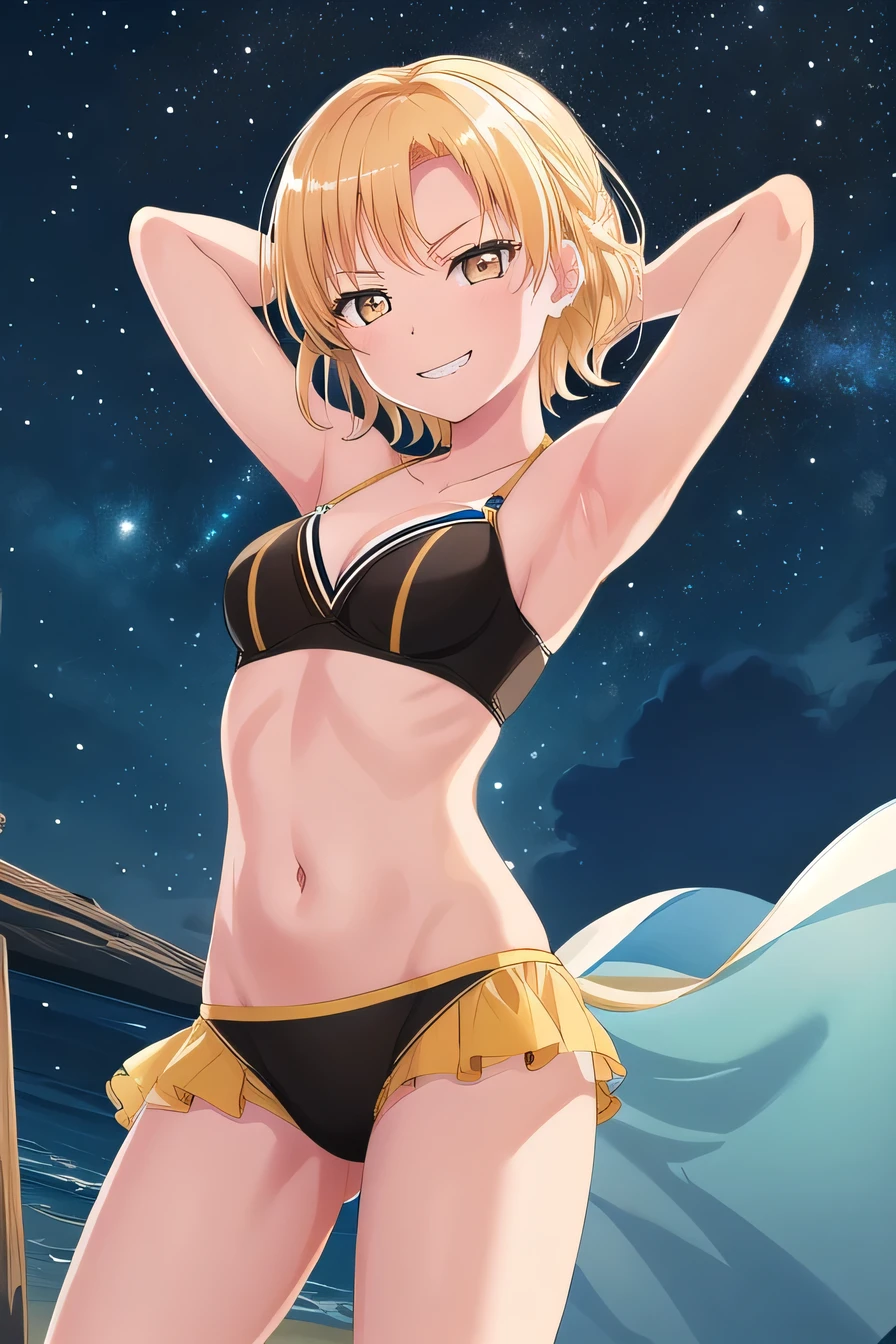 MASKING, 1girl, solo, looking at viewer, smile, short hair, blonde hair, brown eyes, yellow eyes, black bikini, high quality, solo, night sky, beach, arms behind head, contrapposto, closed mouth, spread armpits, (cowboy shot:1.5), looking at viewer, grin, best quality,