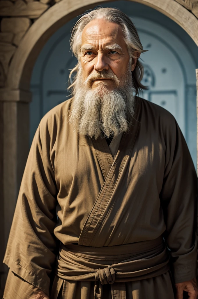 Meet "Finn the Wise," a sage NPC in Dan the Man. Finn is an elderly monk with a long white beard, wearing a flowing, tattered robe adorned with ancient symbols. He has piercing blue eyes that convey wisdom and a calm demeanor. Always ready to offer cryptic advice, Finn's serene presence contrasts the chaotic world around him, guiding players with his profound insights.