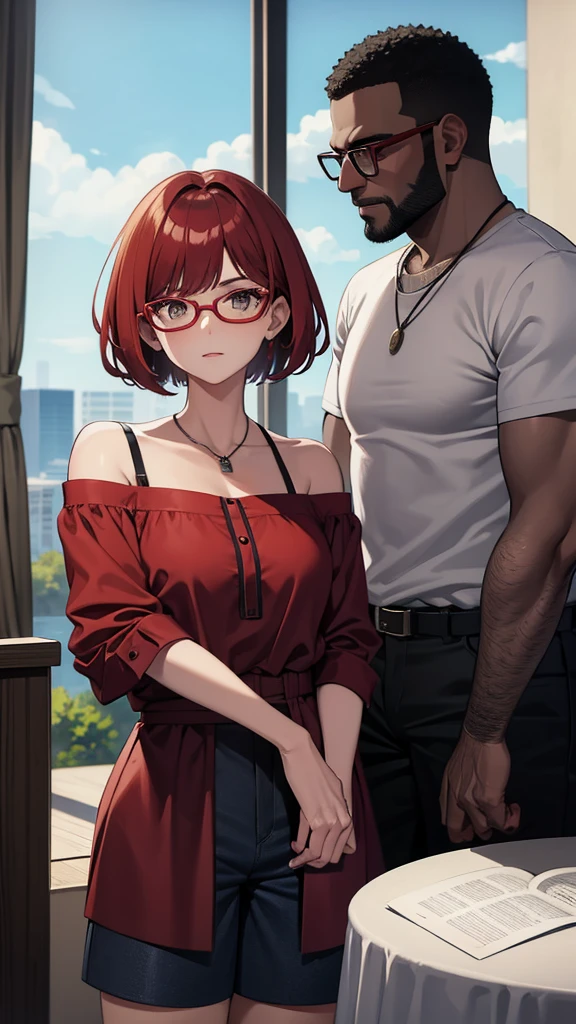 Woman with red over-the-shoulder bob hair who wears glasses with loose blouse and shorts and a dark-skinned man friend who wears glasses, with everyday clothes, They're together