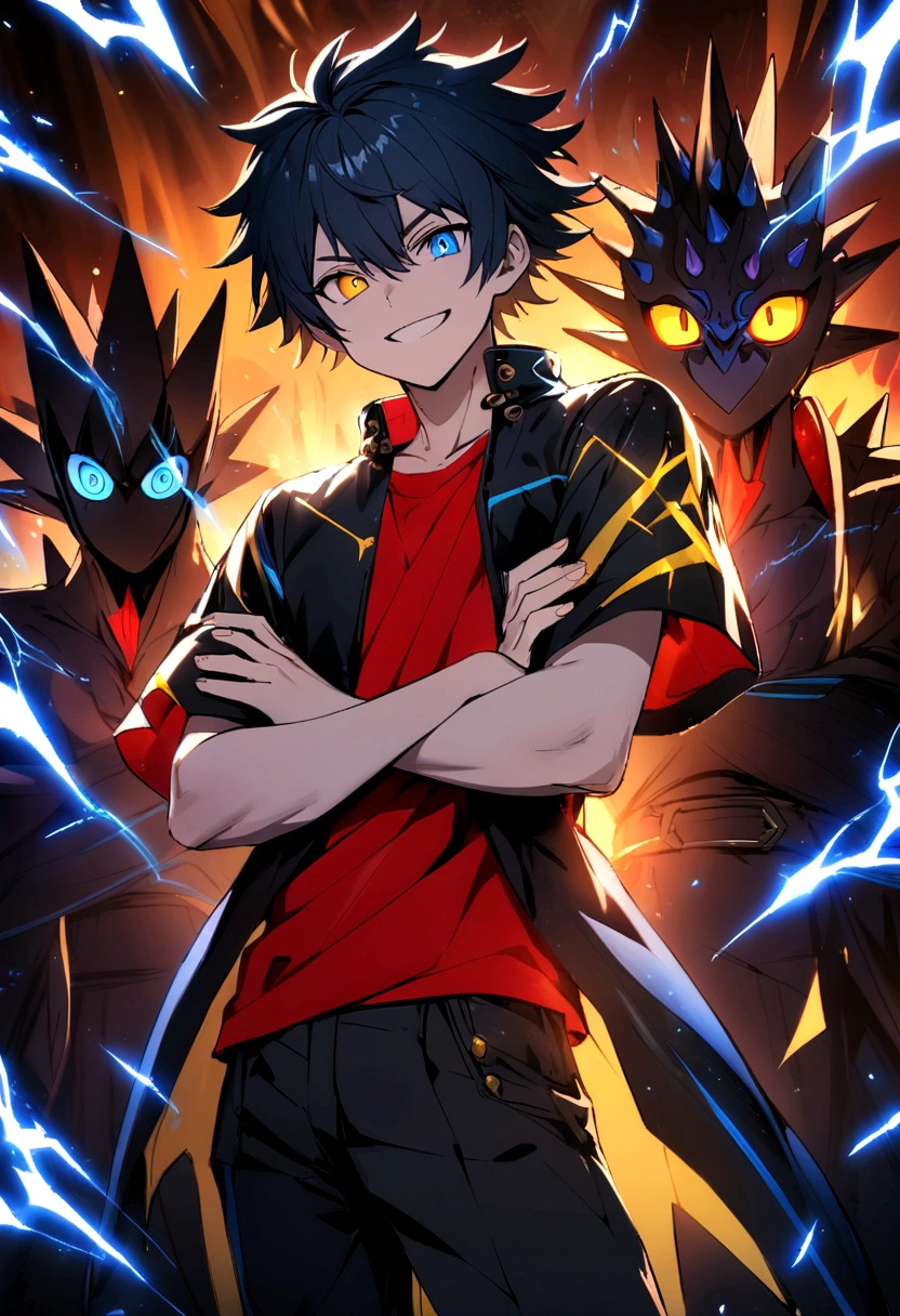 boy, crossed arms, big spiky black hair with blue highlights, dark blue and brown heterochromatic eye, smile of excitement, dark red short-sleeved shirt with wing details, Loose and large black jacket with light blue details, black pants with yellow details, red sneakers with blue details, lot of details, aura of blue lightning across the body, a dark blue six-eyed raven next to the character