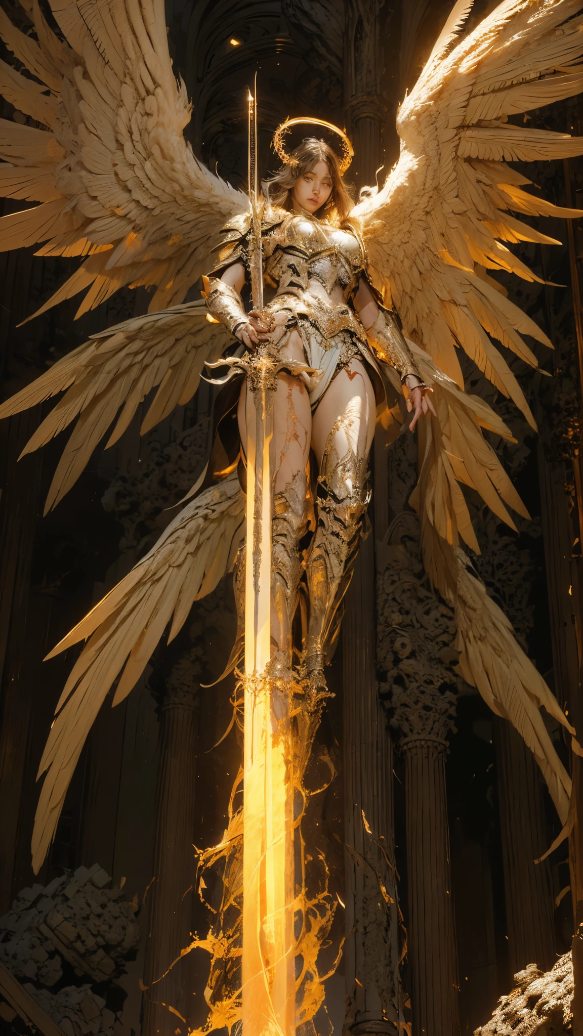 A colossal fallen statue of the archangel Lucifer, cracked halo and shattered wings amidst the ruins of a divine cathedral,