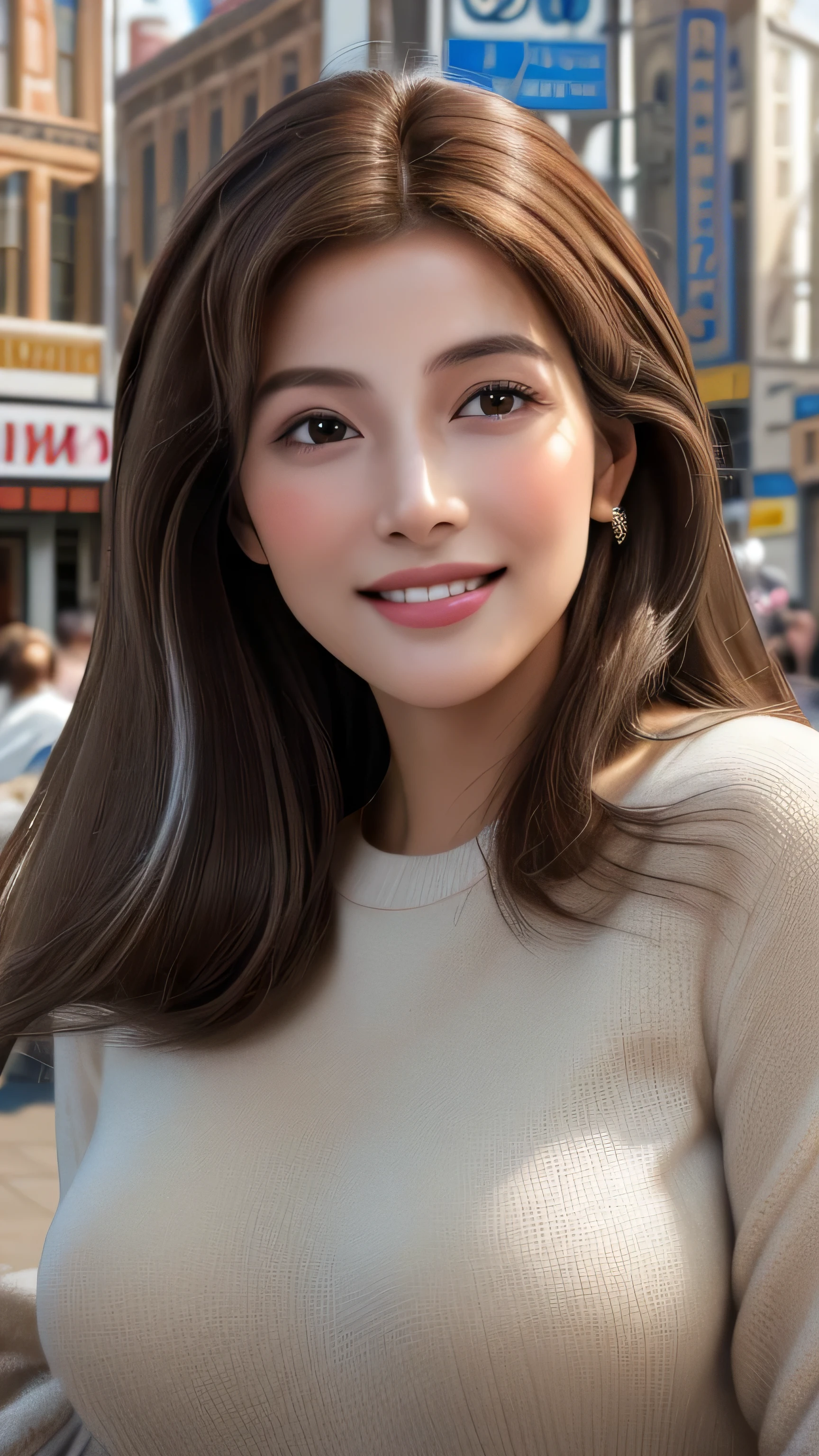 masterpiece, Highest quality, Realistic, Super detailed, In detail, High resolution, 8k wallpaper, One beautiful woman, Light brown hair, Sharp focus, Perfect dynamic composition, Beautiful attention to detail, Fine hair, Detailed and realistic skin texture, Portraiture, Model Body Type,((In the hustle and bustle of town:1.4))shy smile