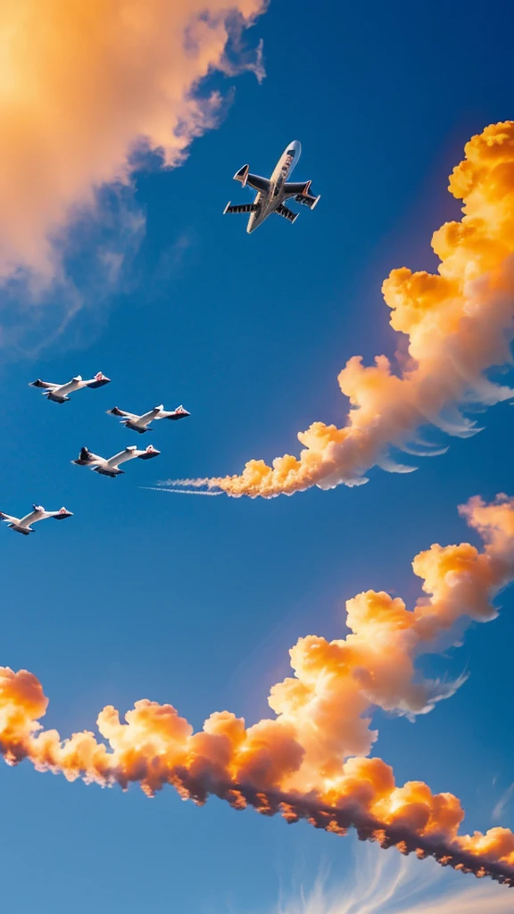 A commercial airplane mid-flight encountering a flock of geese,with flames coming out of the engines