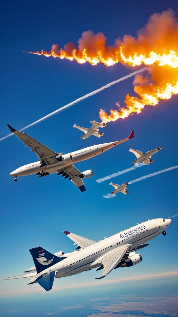 A commercial airplane mid-flight encountering a flock of geese,with flames coming out of the engines