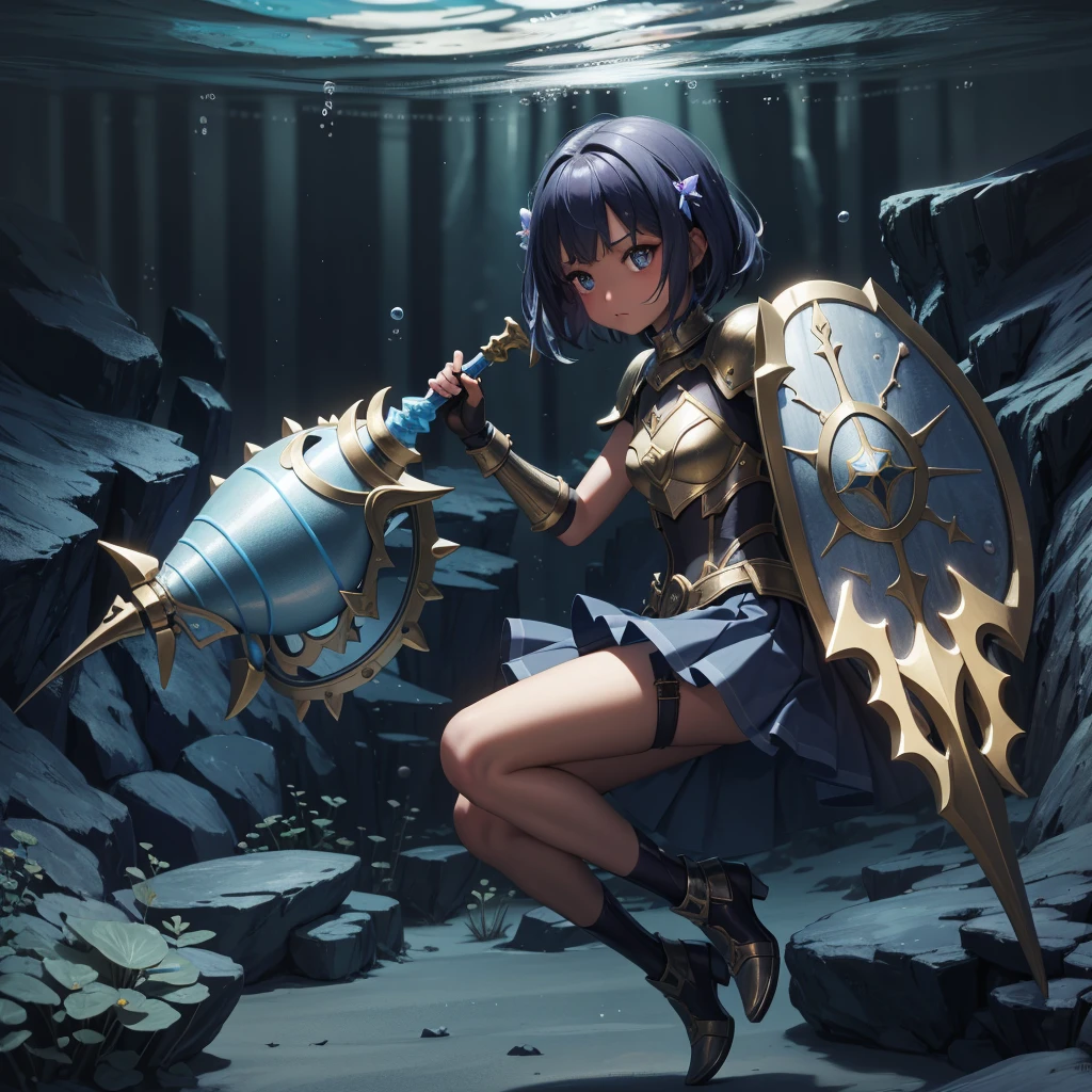 最high quality、high quality、Simple Cloth Armor、10Year-old girl adventurer、Pitch-dark underground labyrinth、No light、skirt、Equipped with a dagger and a shield, Lower body underwater, Underwater photography、浮力でskirtがめくれる