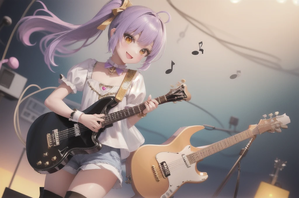 1girl, masterpiece, best quality, (ultra detailed), beautiful body, (perfect anatomy:1.2), beautiful face and eyes, ((Pastel colors)) , perfect lighting, (illustration:1.1),
(smile:1.1), cute, happy,
(dynamic composition:1.1), (dynamic pose:1.1), (cute pose:1), (dutch angle:1.2), action, cowboy shot,
stream, (Zero gravity:1.2),
rainbow, BREAK,
(colorful rings background), (musical note:1.45)
(streamlined colorful background), (floating feeling1.2), (model pose:0.5), (love guitar rod:1.4), (playing guitar:1.5), flat chest, kneeling,
cure beat, purple hair, side ponytail, 1ahoge, thigh boots, puffy short sleeves, wrist cuffs, ribbon, jewelry, yellow eyes, heart hair ornament, (golden ratio:1.25)