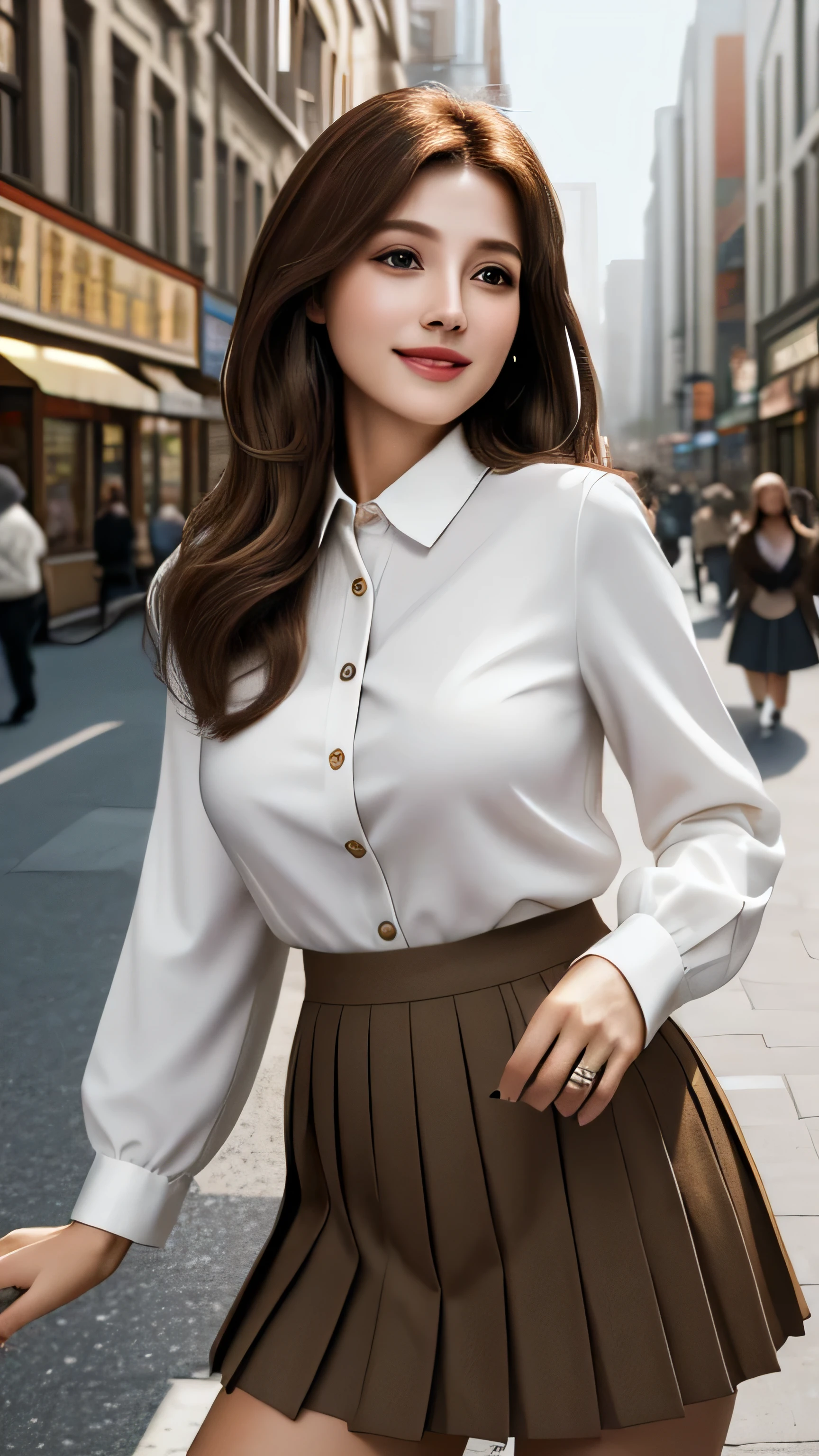 masterpiece, Highest quality, Realistic, Super detailed, In detail, High resolution, 8k wallpaper, One beautiful woman, Light brown hair, Sharp focus, Perfect dynamic composition, Beautiful attention to detail, Fine hair, Detailed and realistic skin texture, Portraiture, Model Body Type,((In the hustle and bustle of town:1.4))shy smile,white long sleeve button up blouse_brown pleated mini skirt、