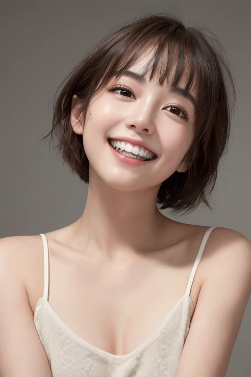 (Highest quality, masterpiece, Ultra-high resolution, photo-Realistic:1.4), (Portraiture, Face to face), 1 Girl, 20-year-old,Raise your arms and clench your fists, (K-POPアイドルコスチューム), (Very short hair),(fluffy, Spread your hair), (short bangs above the eyebrows,,,), (Looking up at the audience), Realistic, (Simple solid color background), Image Media Chest), (Smile with visible teeth)