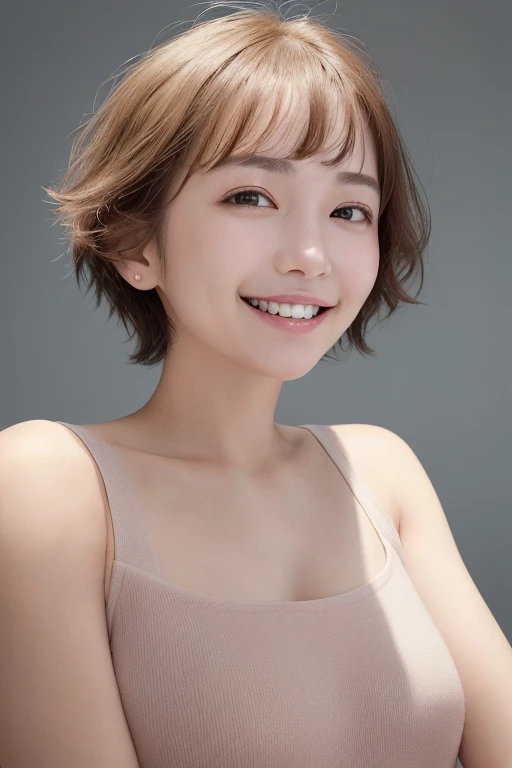 (Highest quality, masterpiece, Ultra-high resolution, photo-Realistic:1.4), (Portraiture, Face to face), 1 Girl, 20-year-old,Raise your arms and clench your fists, (K-POPアイドルコスチューム), (Very short hair),(fluffy, Spread your hair), (short bangs above the eyebrows,,,), (Looking up at the audience), Realistic, (Simple solid color background), Image Media Chest), (Smile with visible teeth)