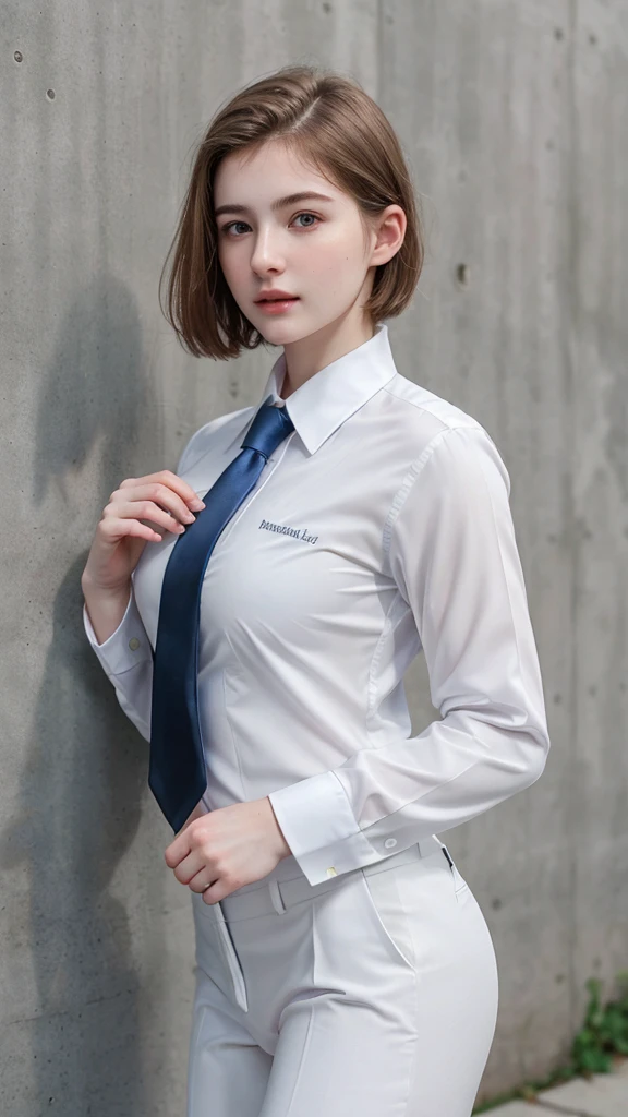 ((best quality)), photorealistic, photorealism, Photorealistic, high resolution, Beautiful, Baby Face, 20 Years Old, White Skin, pale skin, thick body, Combat pose, ((Detailed face)), short hair, ((wearing business suit, shirt, formal suit)), Fingers are occluded, ((detailed fingers)), concrete wall background, front angle, half body close up