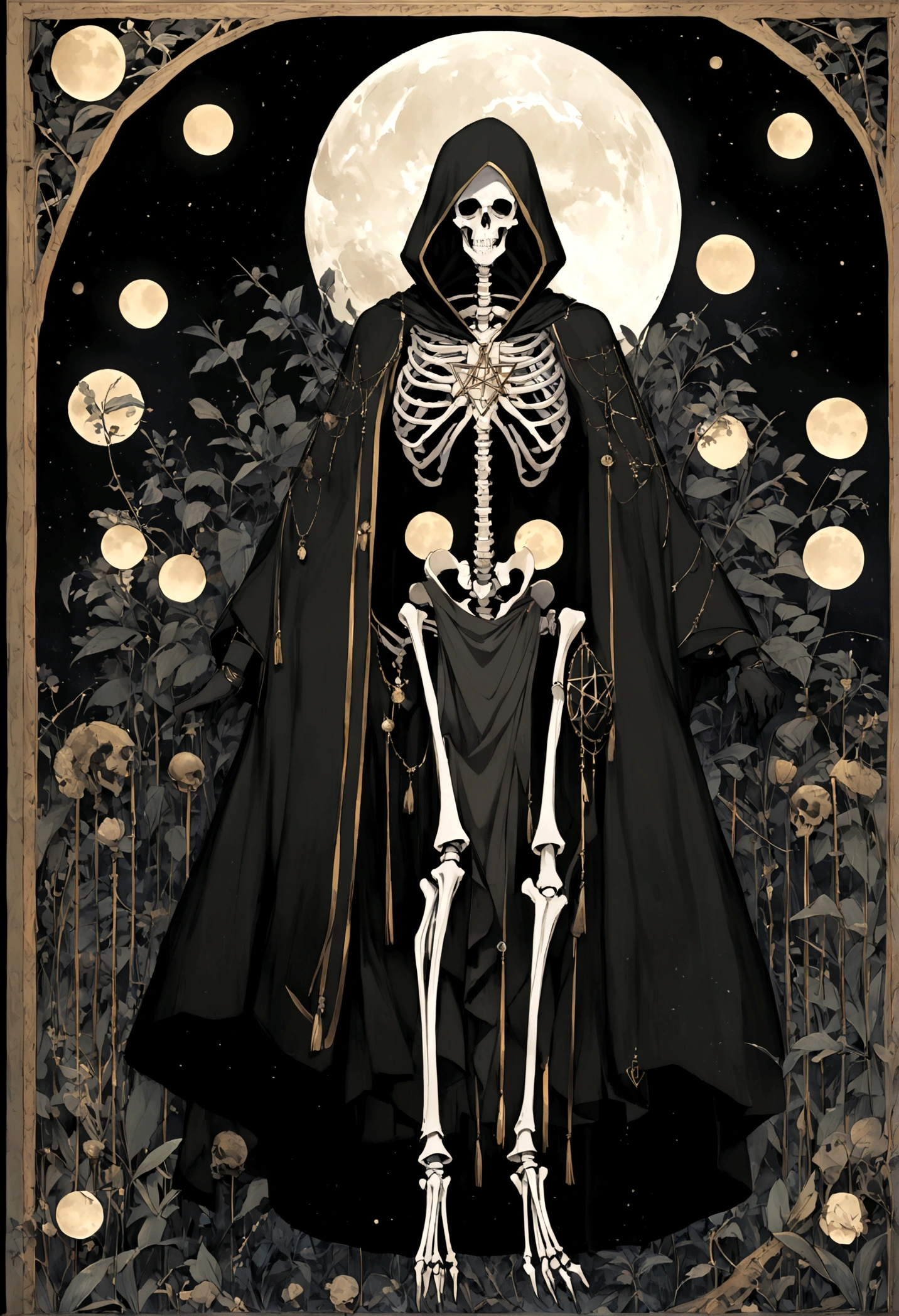 a skeleton with 1,91 tall. He wears black mesh clothing tight to his skeletal body and a long black cape., with hood and some belts on the cover. Black gloves and a silver necklace with the symbol of the Goddess Tenebra (pentagram with moon phases around it). Wear boots with some belts to tighten them.
