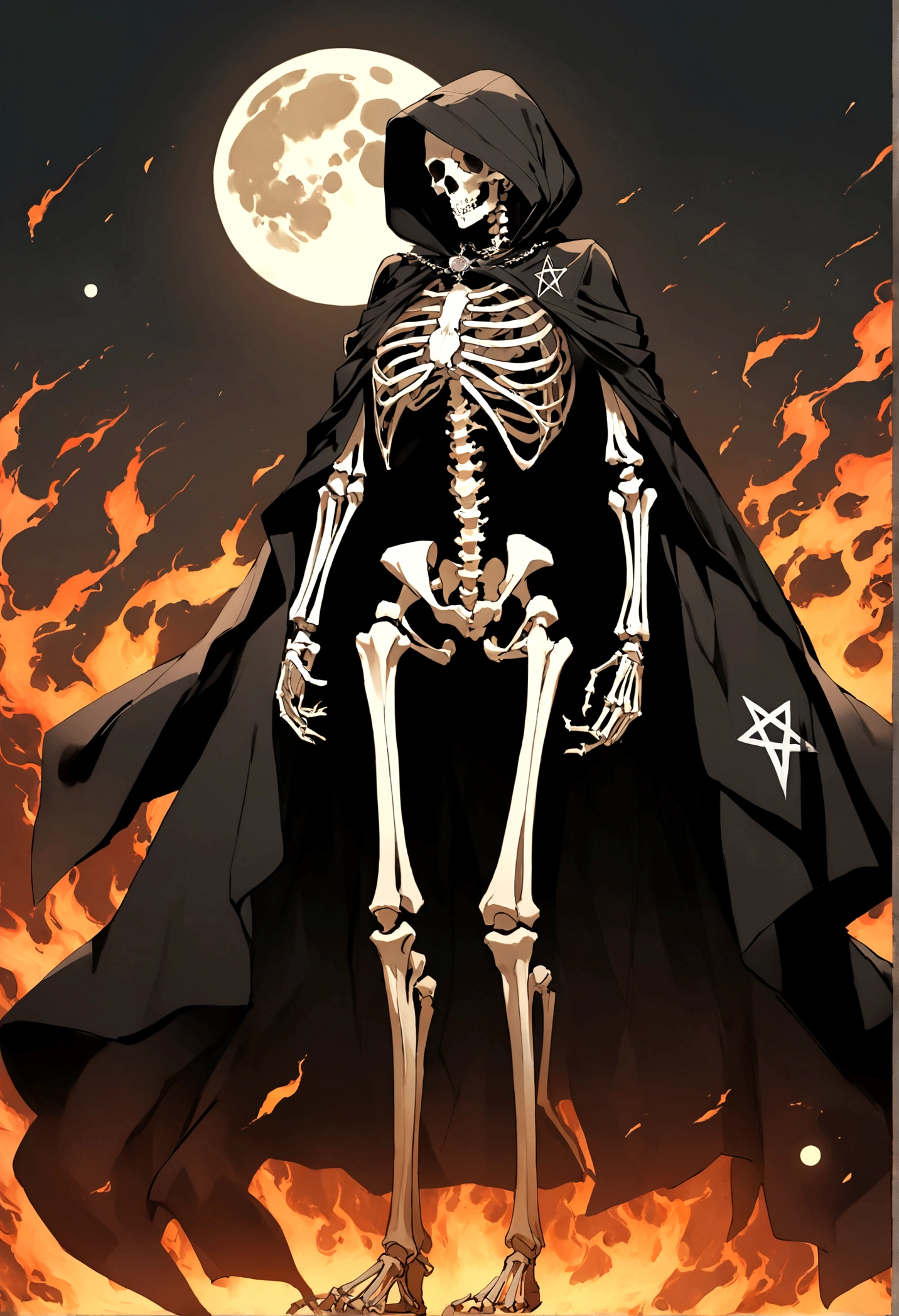 a skeleton with 1,91 tall. He wears black mesh clothing tight to his skeletal body and a long black cape., with hood and some belts on the cover. Black gloves and a silver necklace with the symbol of the Goddess Tenebra (pentagram with moon phases around it). Wear boots with some belts to tighten them.
