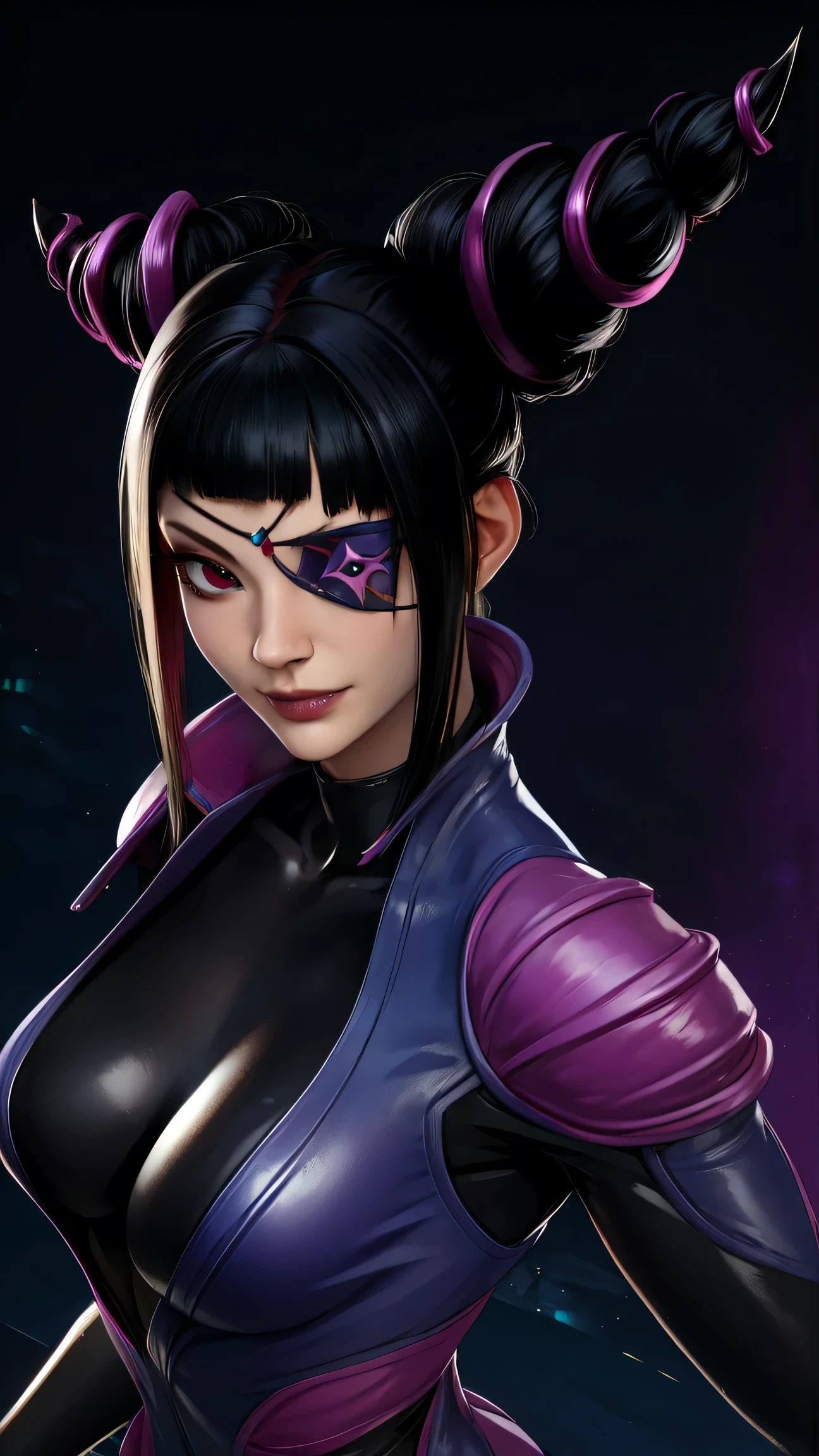 Juri , black hair,two-tone hair, hair horns, purple eyes, eyepatch,  
bodysuit, clothing cutout, 
standing, upper body, evil smile, 
night club,
(insanely detailed, beautiful detailed face,beautiful detailed eyes, masterpiece, best quality) , solo, dinamic poses, shinning eyes