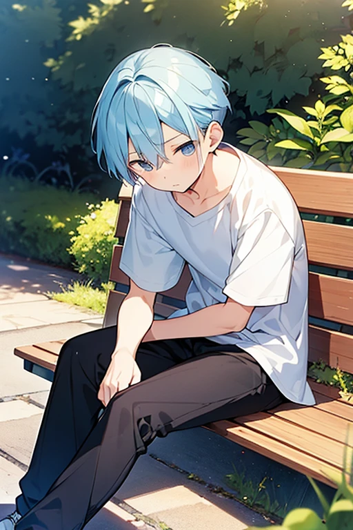 Light blue hair、One boy、、Shota、Sitting on a bench、front、Black trousers
