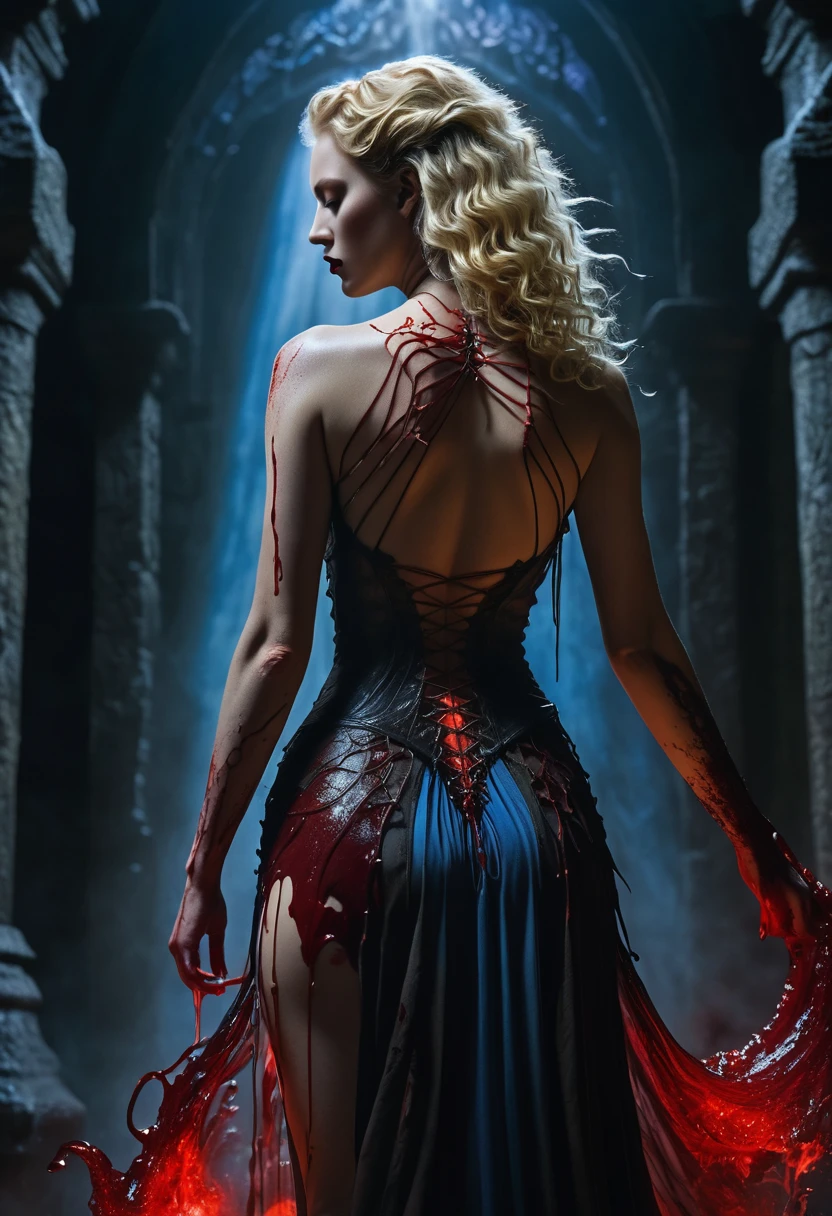 best quality,4k,8k,highres,masterpiece:1.2,ultra-detailed,realistic:1.37,HDR,UHD,studio lighting,ultra-fine painting,sharp focus,physically-based rendering,extreme detail description,professional, tarot card style, dark fantasy, dramatic lighting, full body shot, from the back, facing away, wide angle, back view,dynamic angle,dynamic pose, deep shadows, a vampiric goddess, extremely detailed skin, perfect blonde wavy hair, (A vampire goddess, she is using her supernatural powers to psychically manipulate blood, making the blood float around her), hemokinesis, (there are lots of blood strings floating around the environment), she is wearing a very intricate biological exoskeleton, (the goddess's lower body is vanishing, becoming black mist), the scene unfolds in a dungeon dimly illuminated by a red glow, red energy lines, fractalized, pale blue and olive hues, mystical energy, moody atmosphere, cinematic composition, Yoshitaka Amano style,greg rutkowski,cyborg style
