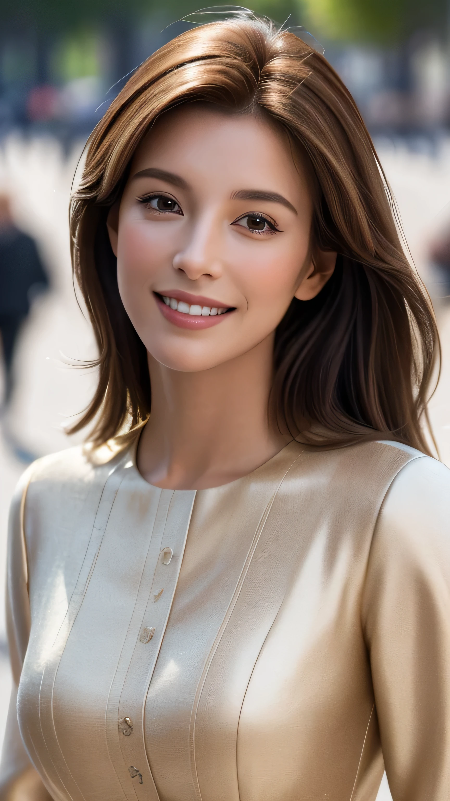 masterpiece, Highest quality, Realistic, Super detailed, In detail, High resolution, 8k wallpaper, One beautiful woman, Light brown hair, Sharp focus, Perfect dynamic composition, Beautiful attention to detail, Fine hair, Detailed and realistic skin texture, smile, Portraiture, Model Body Type, Stroll along the Champs-Élysées,