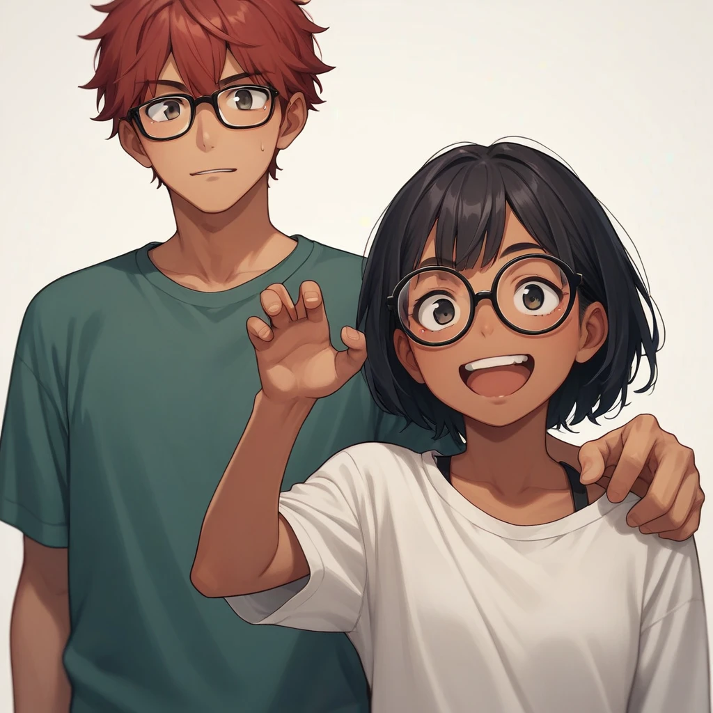 score_9, score_8_up, score_7_up, score_6_up, score_5_up, score_4_up, BREAK source_anime, 1girl, clothed, Red hair above the shoulder, glasses, friends pose, 1boy, Boy with dark skin, black hair, Silly face,wearing casual clothes