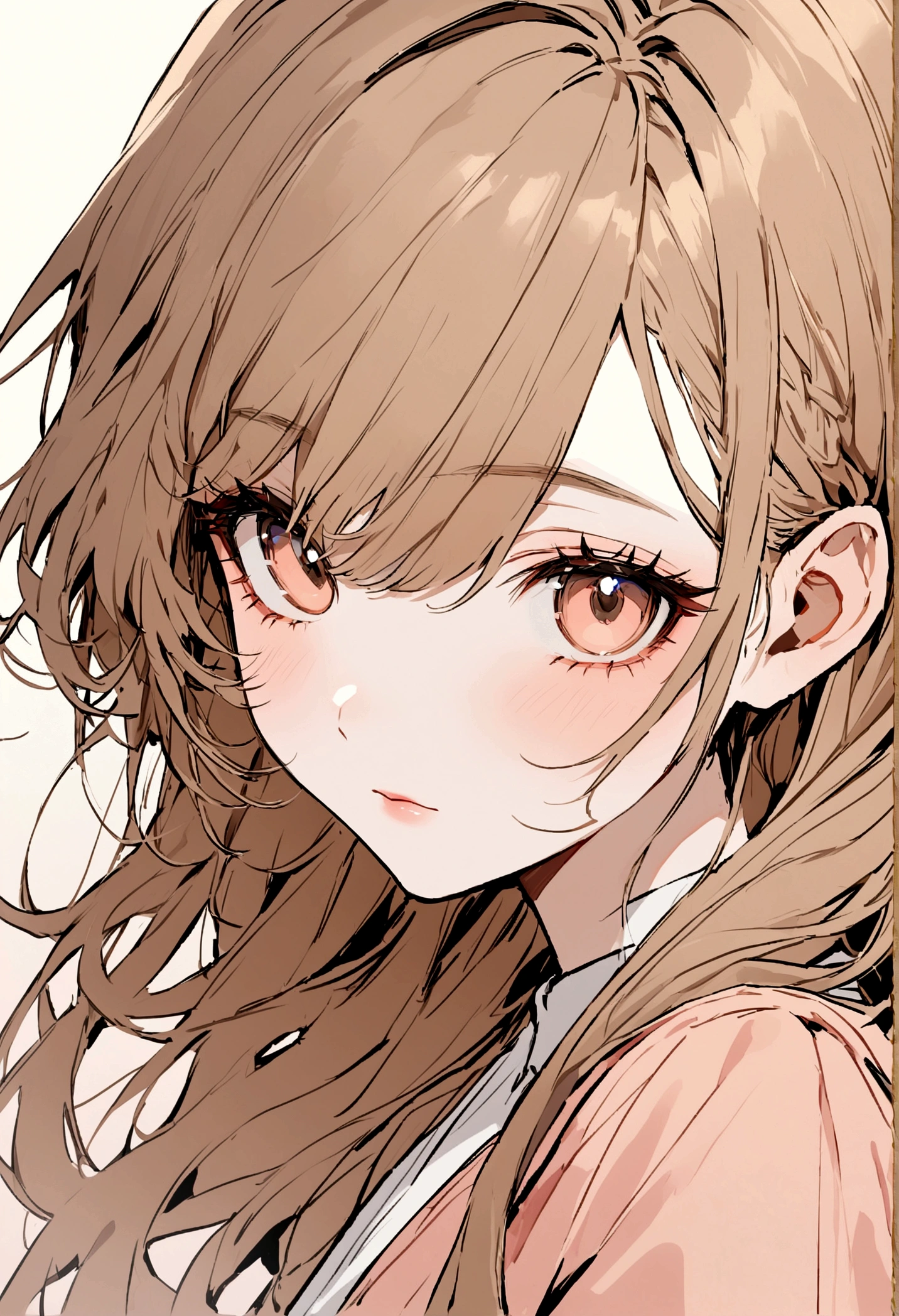 (masterpiece), best quality, beautiful detailed hair detailed face, ultra high res, sharp focus, Elegant and charming beautiful woman&#39;s face outline painted，portrait，close up ((1 young woman, solo)), (warm pastel color), perfect feminine face, close-up,  medium brown hair,  light brown hihgllights,  long hair