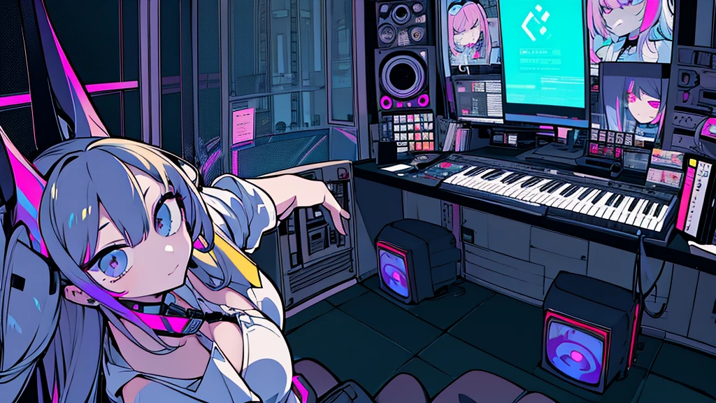 Best quality, (masterpiece:1.2), best detail face, 1 girl, big breasts, 18 yo, 8k,absurdres,unity 8k wall paper,(extremely detailed:1.3), highest realistic, (simple headphones:1.1), (soft neon light:1.1), (floating hair:1.2), (psychedelic:1.2), Her room full of music equipment and plants, Leaning back on the chair with a casual attitude, Light clothing in summer, dark color palette, blonde mesh hair color