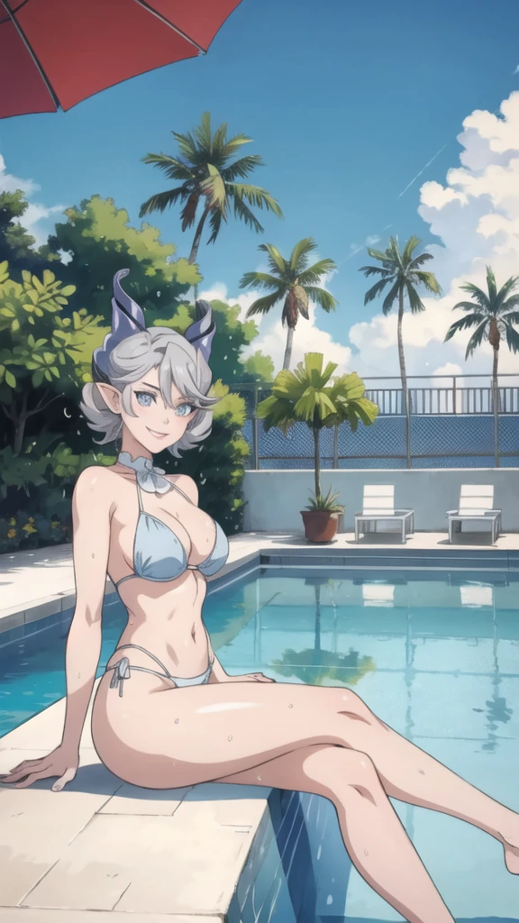 3 girls High level image quality best image quality 8K adult woman pool party rain palm trees more colors whole body view portrait mix color bikini horn ears short hair((shortcut)(gray hair)(perm)(fluffy)) eye color is blue , , attractive evil face , smile , sexy pose , labrynth , barearm , sittings by the pool , crossed legs , all wet , view foot arc