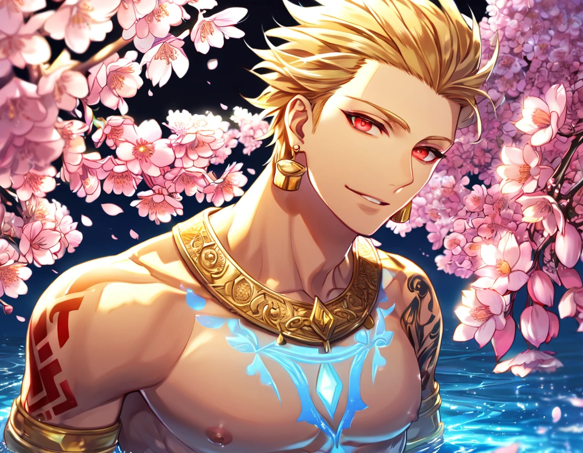Ultra detailed, highres, absurdres, HDR, master piece, Gilgamesh, blond hair, slicked back hair, expressivee red eyes, bare chest, Fate Grand Order, fantasy, pink petals, water, pink flowers, handsome, sexy man, solo, best quality, blossoms, blue shining fireflies, handsome smile, 1 man only, red tattoo on his chest, toned chest, golden earrings, golden jewelry