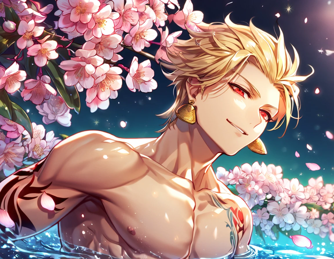 absurdres, highres, ultra detailed, HDR, master piece, best quality, delicated features, Quincy, blonde messy hair, expressive amber eyes, Nu Carnival, solo, sexy man, handsome, toned chest, horny, sensual, erotic, naked, no clothes, erection, stroking his dick, blossoms, pink flowers, fantasy, magical