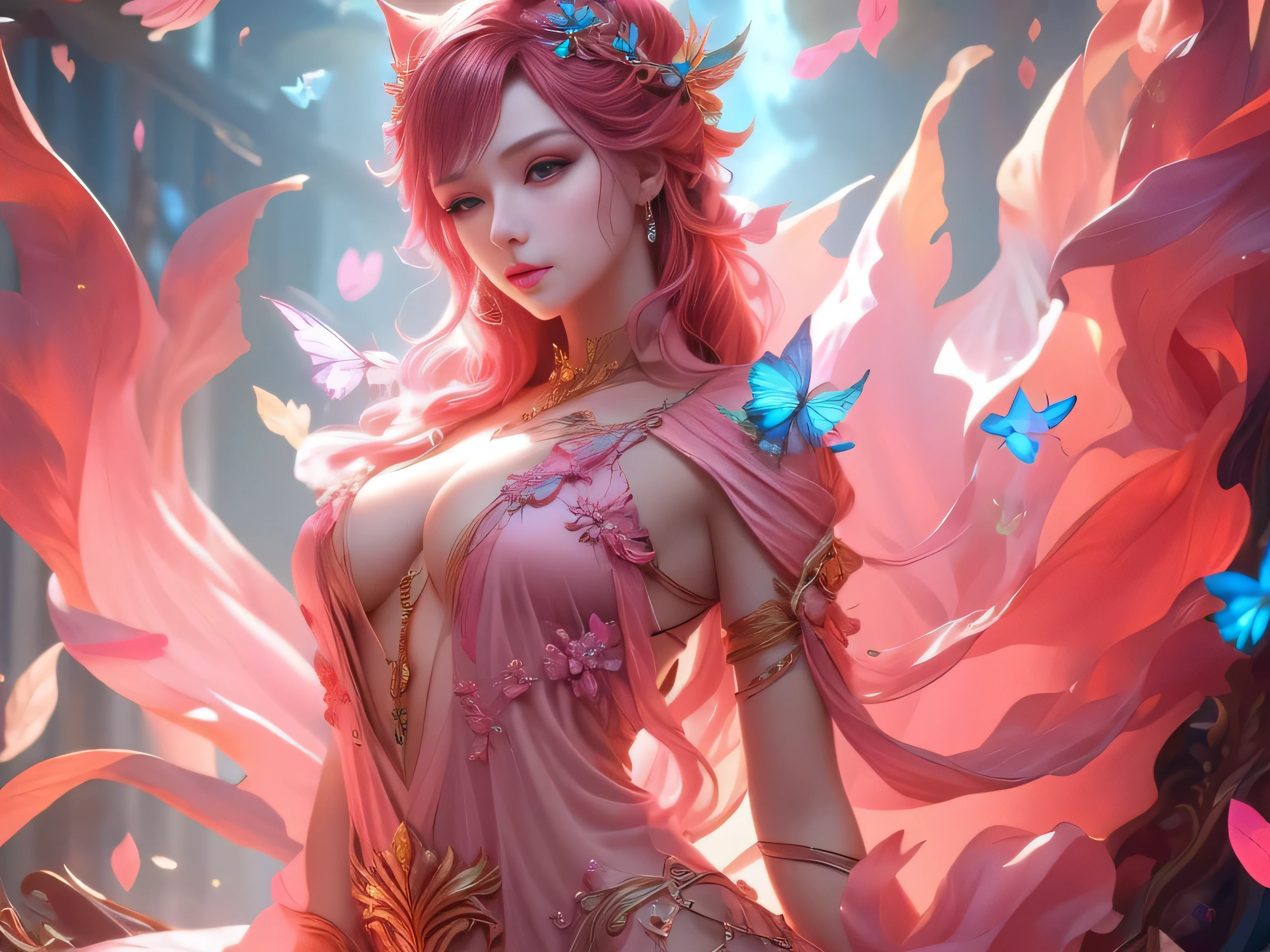 (Best Quality, 8K, Masterpiece, HDR, Soft Lighting, Picture Perfect, Realistic, Vivid), Cat Girl (1.0), Cat Girl with Red Hair and brown eyes and Sexy Revealing Clothes, Pink Bodysuit with Glitter Texture, Beautiful Anime Fantasy, Very beautiful and cute cat girl, large pink butterflies fly around, background blur, anime fantasy, work in Gouves style, realistic: 1.37, top view, red cat girl lies in blue flowers, large pink butterflies fly around, horizontal view, (Ultra High Quality Fantasy Art), Masterpiece, Female Model, Ultra High Quality Female Character Designs, Detailed 8k Anime Art, Realistic Anime Art, Highest Quality Wallpapers, Intricate Ultra High Quality Accurate Female Character Faces, High Quality Designs and Accurate Physics (Fantasy - Ultra High Quality) quality) quality)) art), dark fantasy style), masterpieces, super high-quality characters, anime resolution - 8K, realistic anime art, wallpaper with the highest quality illustrations, ultra-high detail of faces, high-quality design and accurate physics), color, depth of field, shadows, ray tracing, high quality workmanship. -high quality and 8K resolution, (Accurate simulation of the interaction of light and materials)], [High-quality hair detail [More about beautiful and shiny red hair]], (Beautifully detailed hands [perfect fingers [Perfect nails]]], (perfect anatomy (perfect proportions)))) [[Full-length]], [Perfect combination of colors (Accurate imitation of the interaction of light and material)], [art that conveys the meaning of the story](modified)