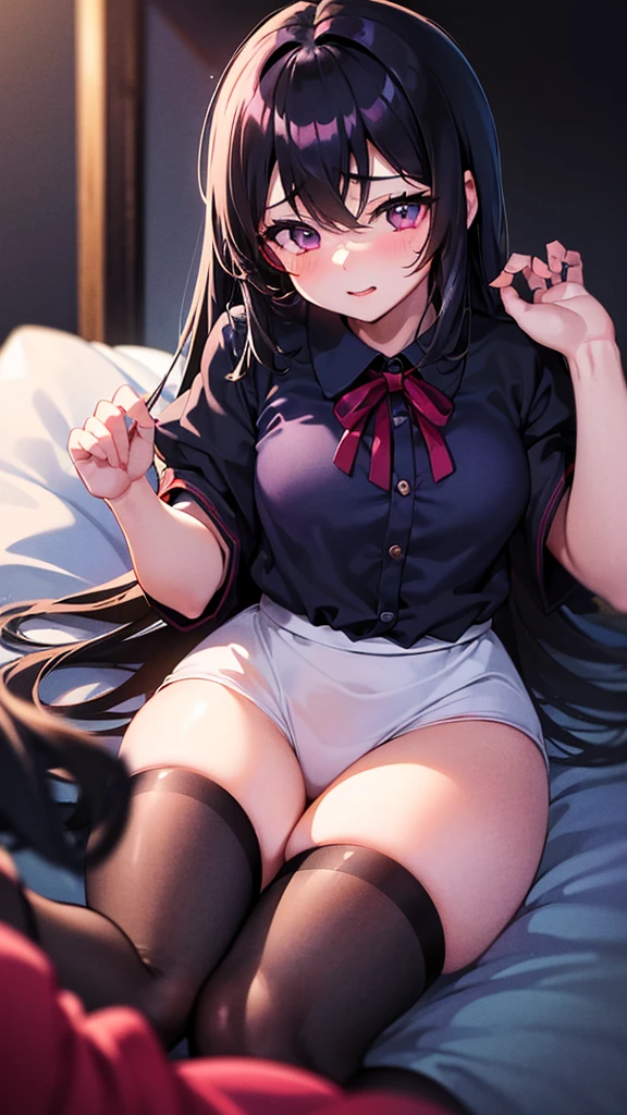 ((masterpiece, masterpiece, Highest quality, Super Definition, High resolution)), alone, beautiful girl, Shining Eyes, Perfect Eyes, , Blue Theme, Small breasts:1.2, sharp and narrow eyes:1.5, Sexy Lolita、Cleavage、Open your clothes、Straight long black hair、Red and black hair、Small breasts、(((night:1.5, Love hotels in Japan、On the bed、Lying down、Pink lighting:1.6, Dark Room:1.5,Black high school girl uniform), Happy ahegao:1.5、Cowgirl、Heart Spoken、Motion Blur、Sex