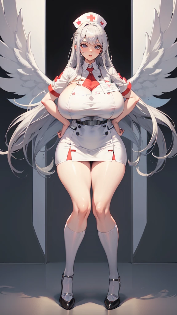 ((blank background)), masterpiece, best quality, silver hair, (massive breast:1.5), ((full body framing)), symmetry, nurse woman, nurse uniform, 
nurse cap, short skirt