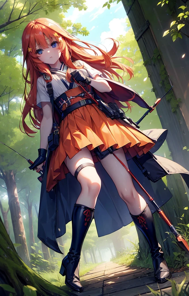 itsukinakano, itsuki nakano, bangs, blue eyes, Hair between the eyes, Redhead, star \(symbol\), hair ornaments, star hair ornaments,Long Hair,Owns an archery grip in the right hand,Carrying an archery bag,He has a quiver on one side, boots, Cape,gloves, red Knee socks, High heels, Shorts, Knee socks,whole bodyがイラストの中に入っていくように,歩いている
break outdoors, forest,forest林, break looking at viewer,whole body, 
break (masterpiece:1.2), Highest quality, High resolution, unity 8k wallpaper, (shape:0.8), (Fine and beautiful eyes:1.6), Highly detailed face, Perfect lighting, Highly detailed CG, (Perfect hands, Perfect Anatomy),