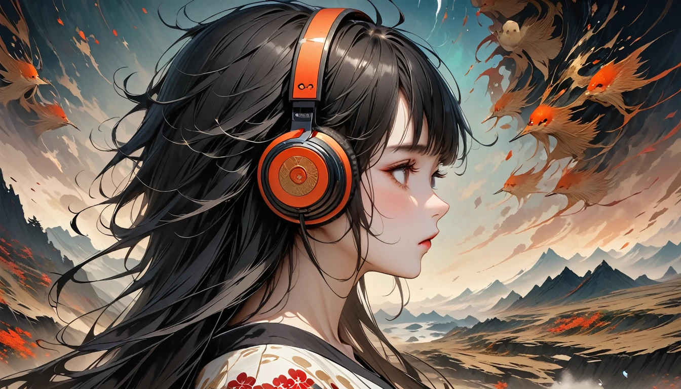 ((8k of extremely detailed CG unit, Masterpiece, high resolution, highest quality, highest quality real texture skin)), (((shoot from behind))), (wearing Japanese pattern headphones), ((1 girl)), ((落ち着いたカフェ)), ((パソコン)), ((大きな1枚の窓からサンセットビーチ)), (Japanese pattern Tシャツ), (Black hair, messy hair, beige skin), (Surreal, digital painting)