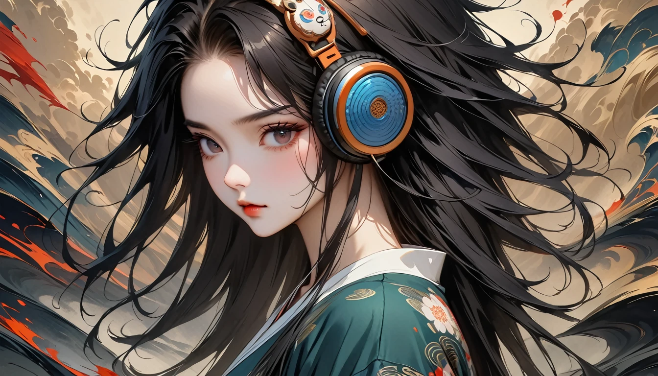 ((8k of extremely detailed CG unit, Masterpiece, high resolution, highest quality, highest quality real texture skin)), (((shoot from behind))), (wearing Japanese pattern headphones), ((1 girl)), ((落ち着いたカフェ)), ((パソコン)), ((大きな1枚の窓からサンセットビーチ)), (Japanese pattern Tシャツ), (Black hair, messy hair, beige skin), (Surreal, digital painting)