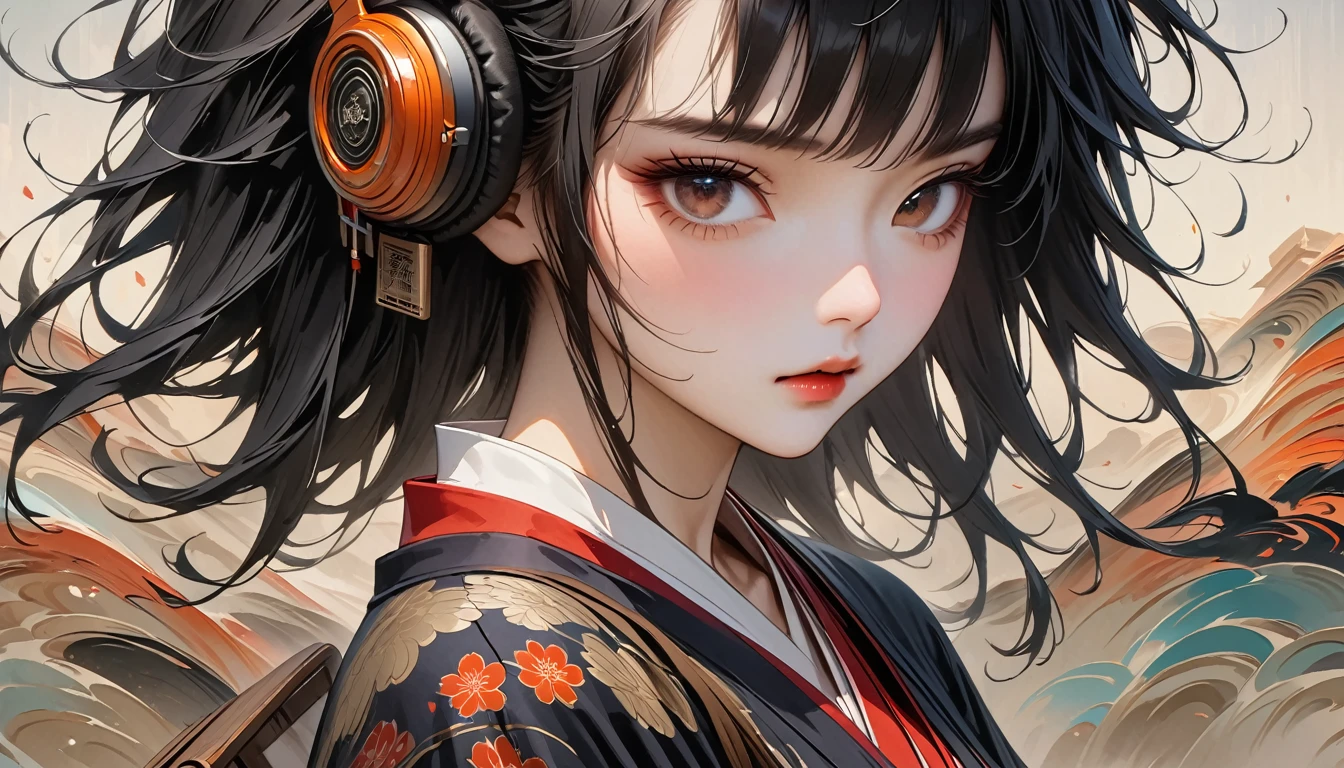 ((8k of extremely detailed CG unit, Masterpiece, high resolution, highest quality, highest quality real texture skin)), (((shoot from behind))), (wearing Japanese pattern headphones), ((1 girl)), ((落ち着いたカフェ)), ((パソコン)), ((大きな1枚の窓からサンセットビーチ)), (Japanese pattern Tシャツ), (Black hair, messy hair, beige skin), (Surreal, digital painting)