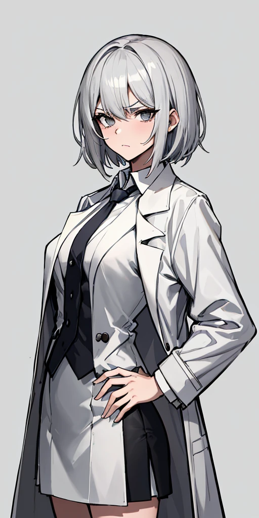 (absurdres, 8k, 4k, masterpiece, hyper extreme detailed:1.2), solo, 1girl, front view, perfect face, 1girl, portrait, perfect anatomy, cowboy shot, solo, standing, Female, Mature Female, short hair, white hair, white skirt, button shirt, white vest, gray tie, tired, fatigue, annoyed, dissatisfied, arms in front, holding phone in right hand, left hand on hip, bored, science, smart, genius, intelligent, scientist, lab_coat, white labcoat, swept bangs, bored, frown, gray eyes, silver eyes, lab background, room background, best anatomy, standing, half body, closed inner jacket, White Skirt, short
