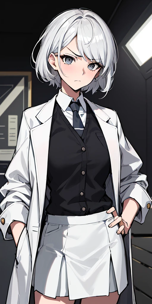 (absurdres, 8k, 4k, masterpiece, hyper extreme detailed:1.2), solo, 1girl, front view, perfect face, 1girl, portrait, perfect anatomy, cowboy shot, solo, standing, Female, Mature Female, short hair, white hair, white skirt, button shirt, white vest, gray tie, tired, fatigue, annoyed, dissatisfied, arms in front, holding phone in right hand, left hand on hip, bored, science, smart, genius, intelligent, scientist, lab_coat, white labcoat, swept bangs, bored, frown, gray eyes, silver eyes, lab background, room background, best anatomy, standing, half body, closed inner jacket, White Skirt, short