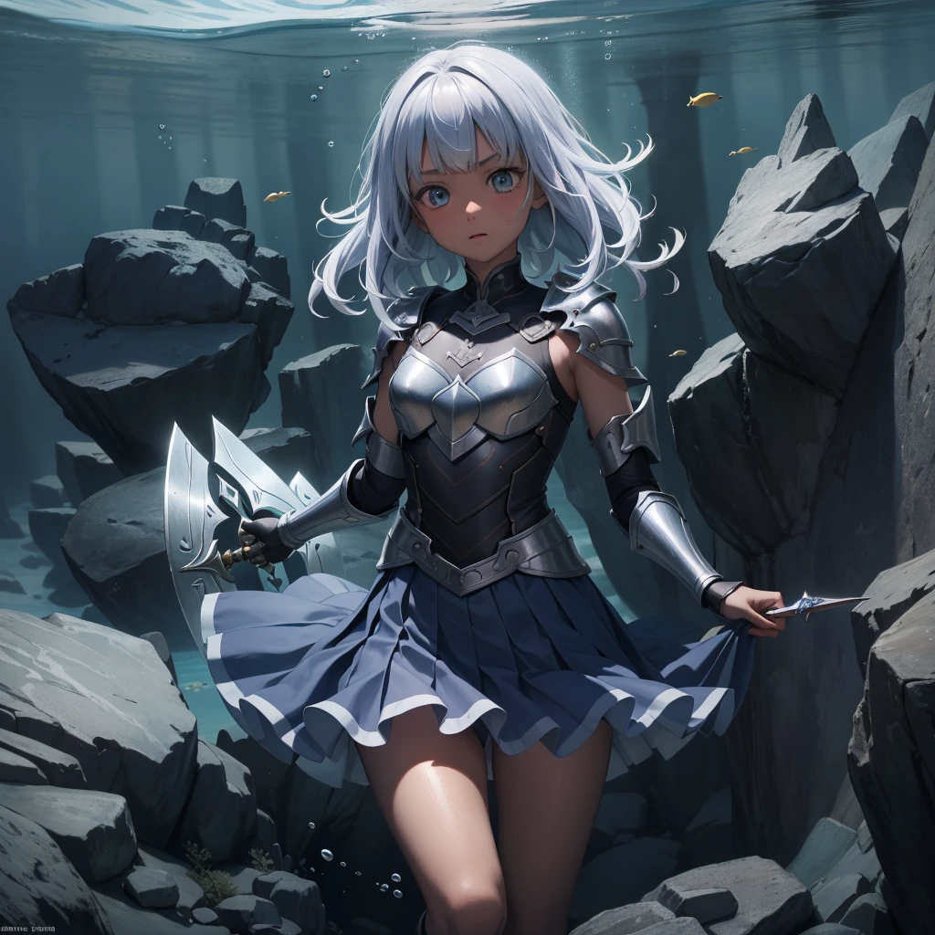 最high quality、high quality、Simple Cloth Armor、10Year-old girl adventurer、Pitch-dark underground labyrinth、No light、skirt、Equipped with a dagger and a shield, Upper body above water、Lower body underwater, Underwater photography、浮力でskirt捲れる