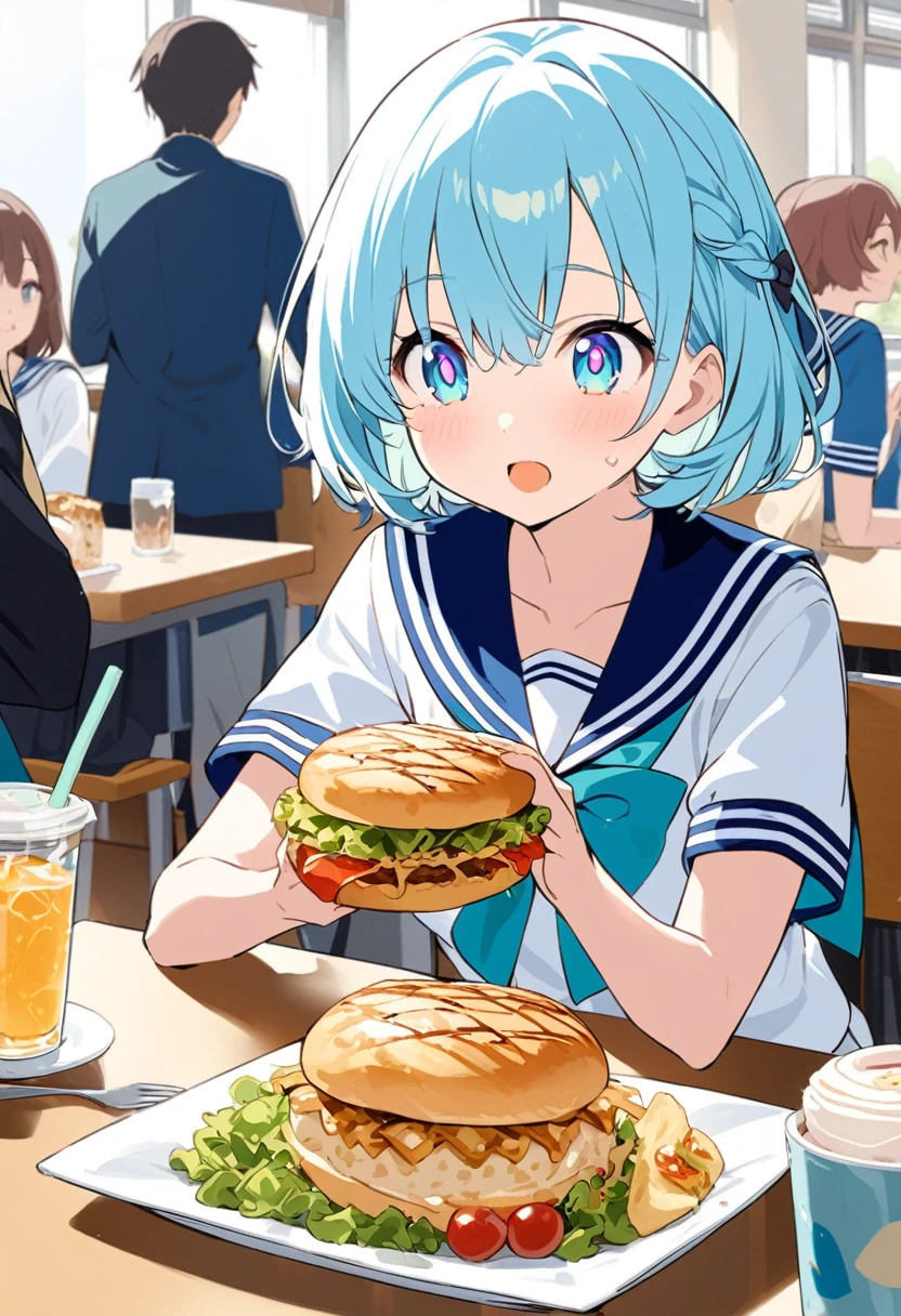 You are a professional illustrator。Please carefully check and draw the illustration according to the following conditions.。High school students enjoying their lunch in a crowded cafeteria、Delicate and beautiful anime face、Clear Eyes、Sailor suit、Braided short hair、