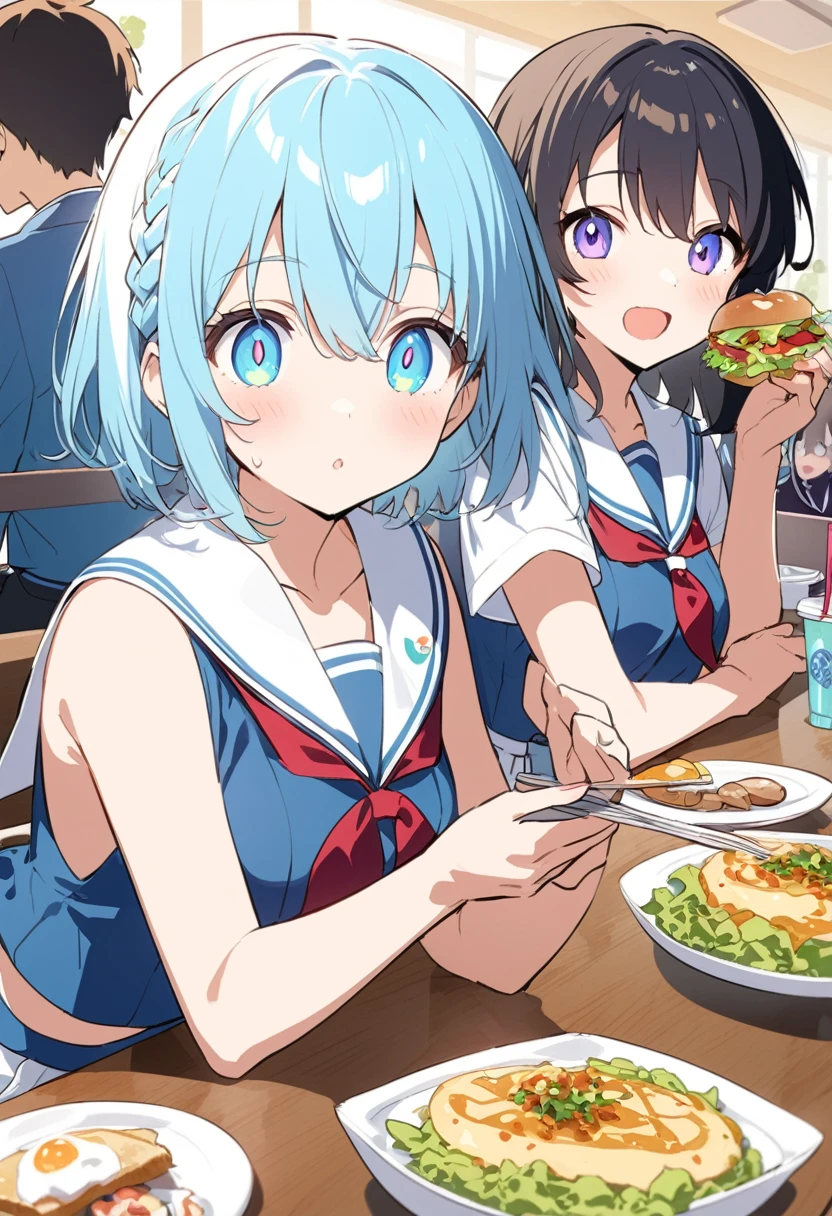 You are a professional illustrator。Please carefully check and draw the illustration according to the following conditions.。High school students enjoying their lunch in a crowded cafeteria、Delicate and beautiful anime face、Clear Eyes、Sailor suit、Braided short hair、